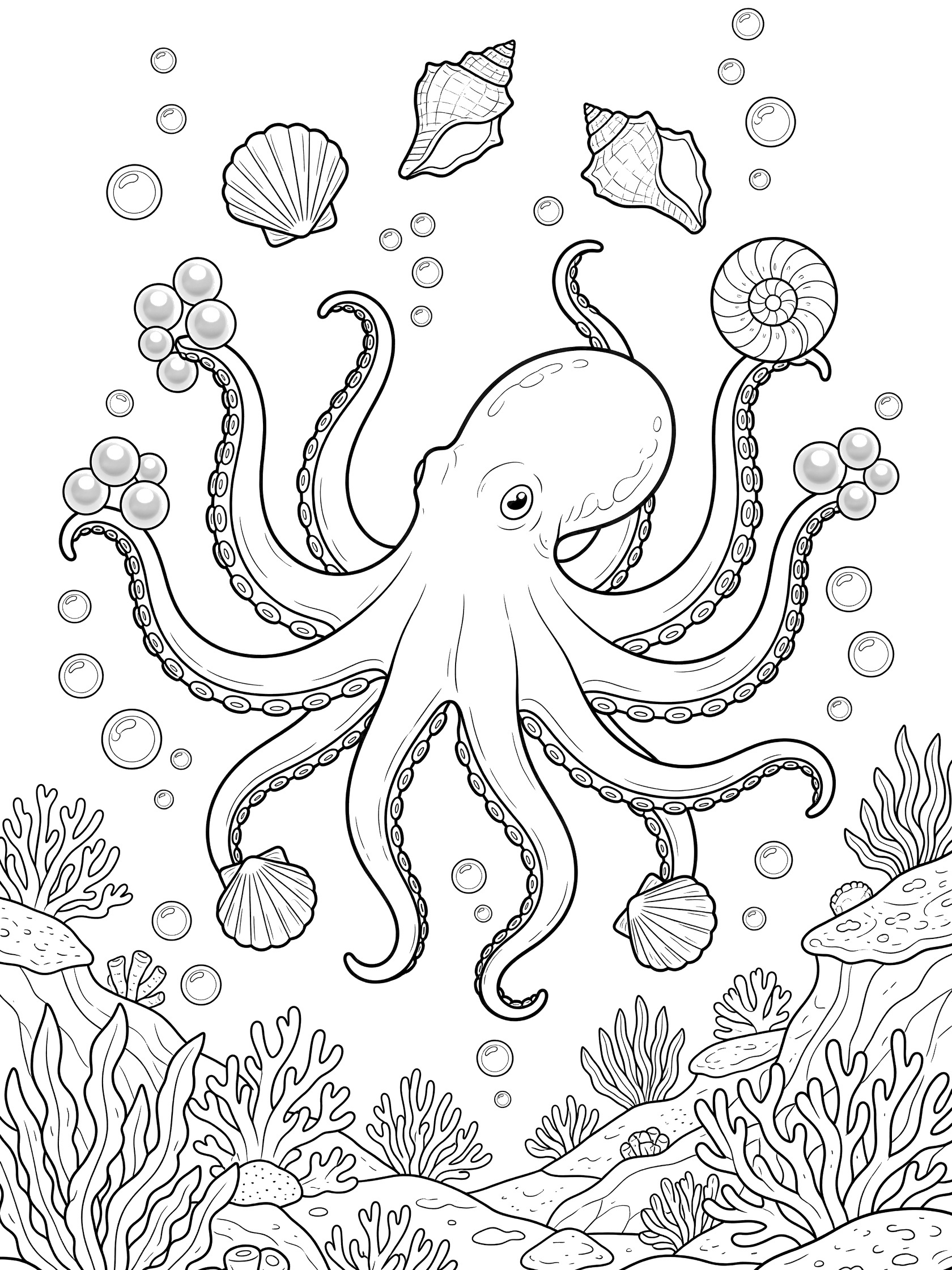 Black and white line art coloring page showing an octopus using eight tentacles to juggle seashells, pearls, and bubbles above ocean floor with plants.