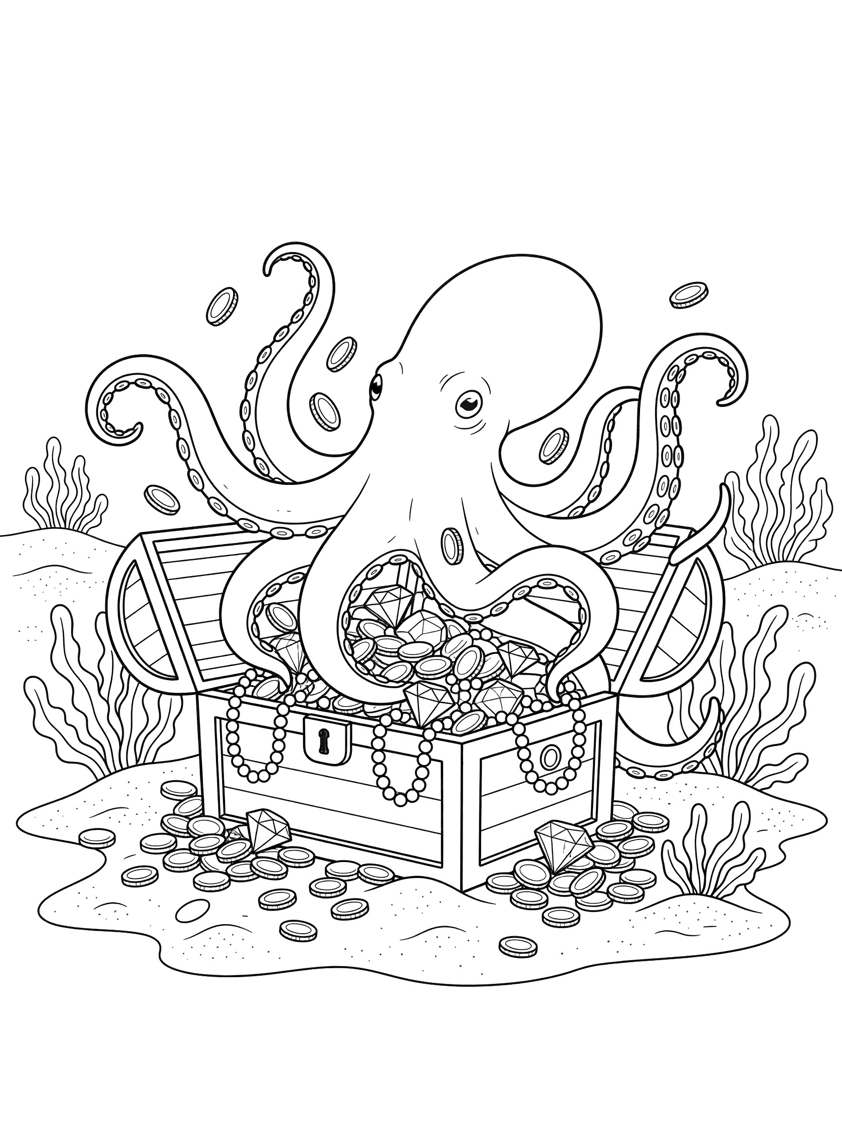 Black and white line art coloring page showing an octopus with tentacles grabbing coins and jewels from an open treasure chest on sandy ocean floor with seaweed.