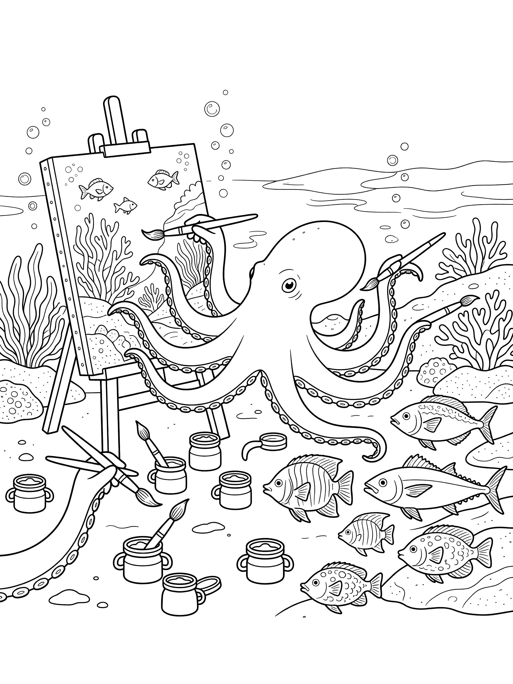 Black and white line art coloring page showing a big octopus holding paint brushes in its tentacles, painting on an easel underwater. Fish pose around coral, paint pots, and ocean floor details.