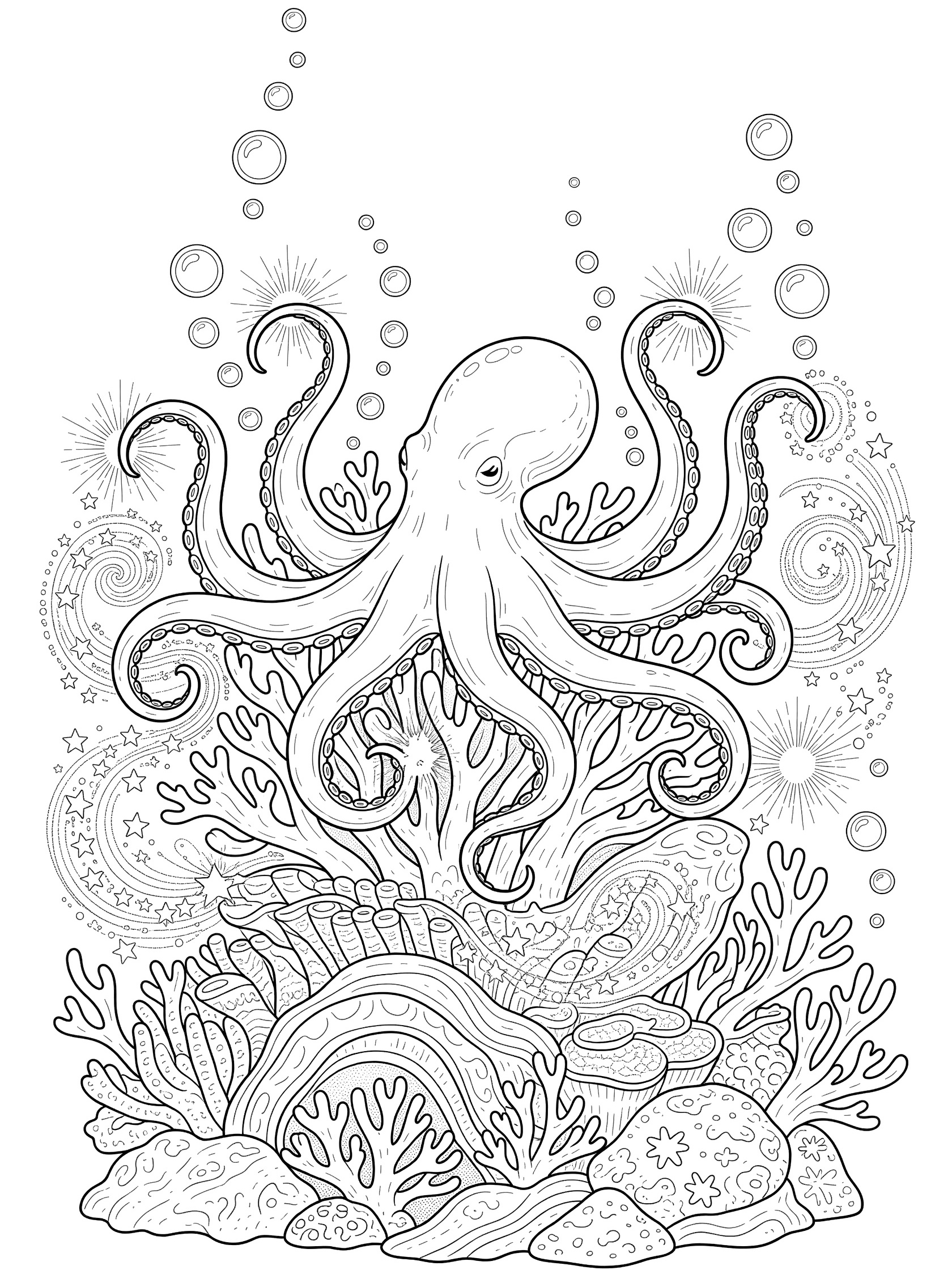 Black and white line art coloring page showing a detailed octopus on coral with bubbles, stars, and swirls in underwater scene.