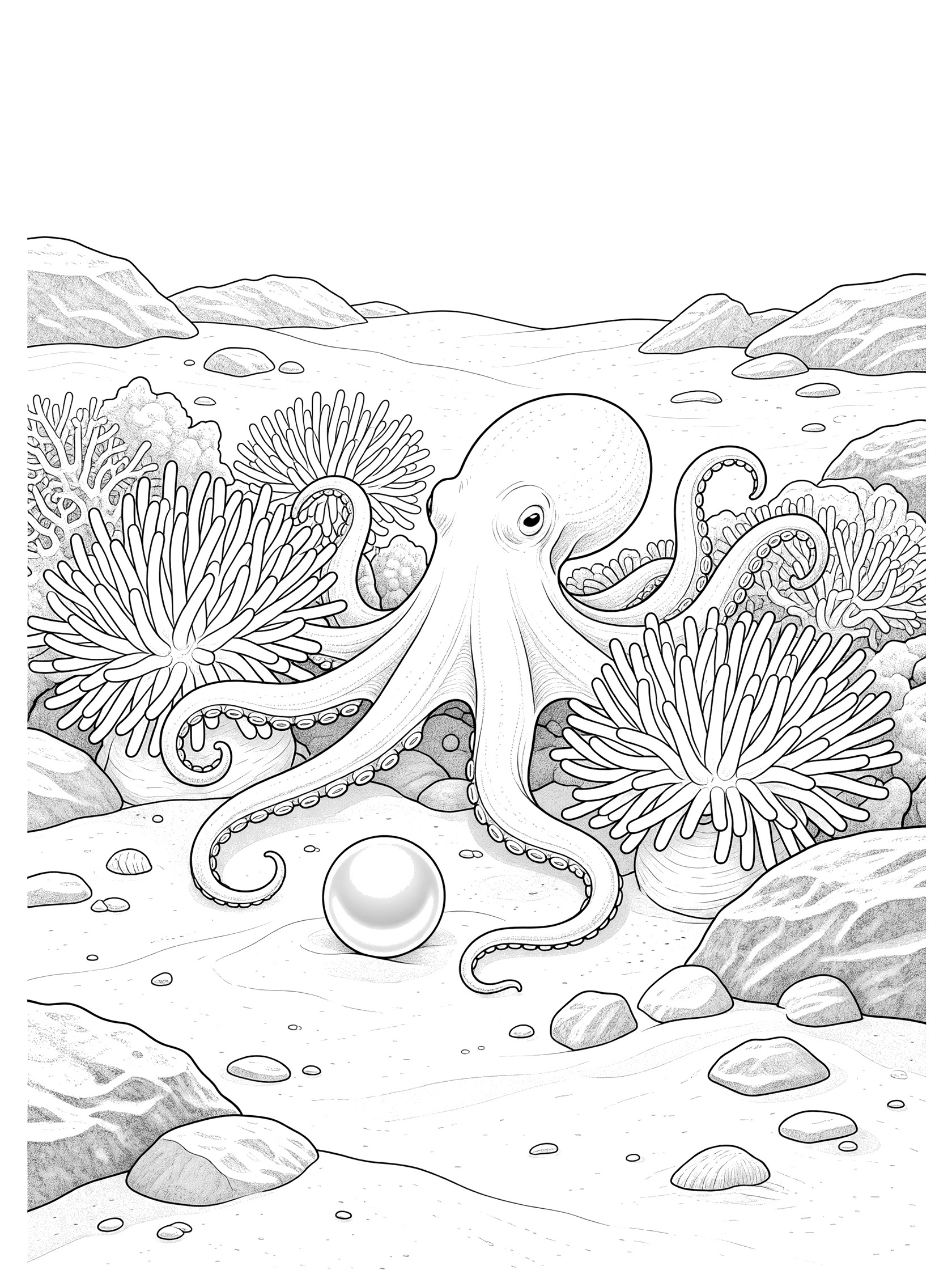 Black and white line art coloring page showing an octopus peeking from sea anemones, touching a pearl on the ocean floor with rocks and sand.