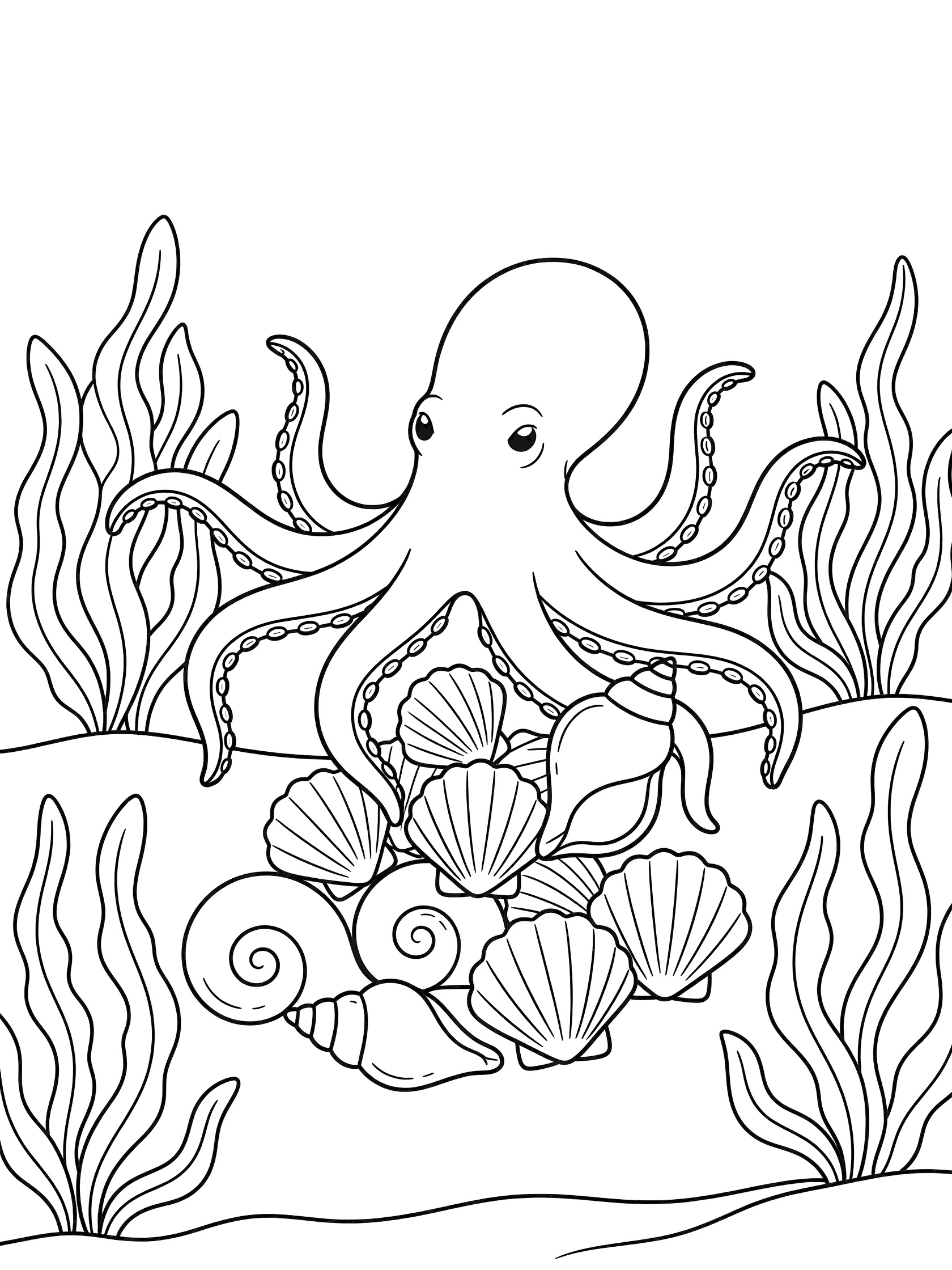 Black and white line art coloring page showing an octopus with eight tentacles holding and gathering various seashells on the ocean floor with seaweed around it.