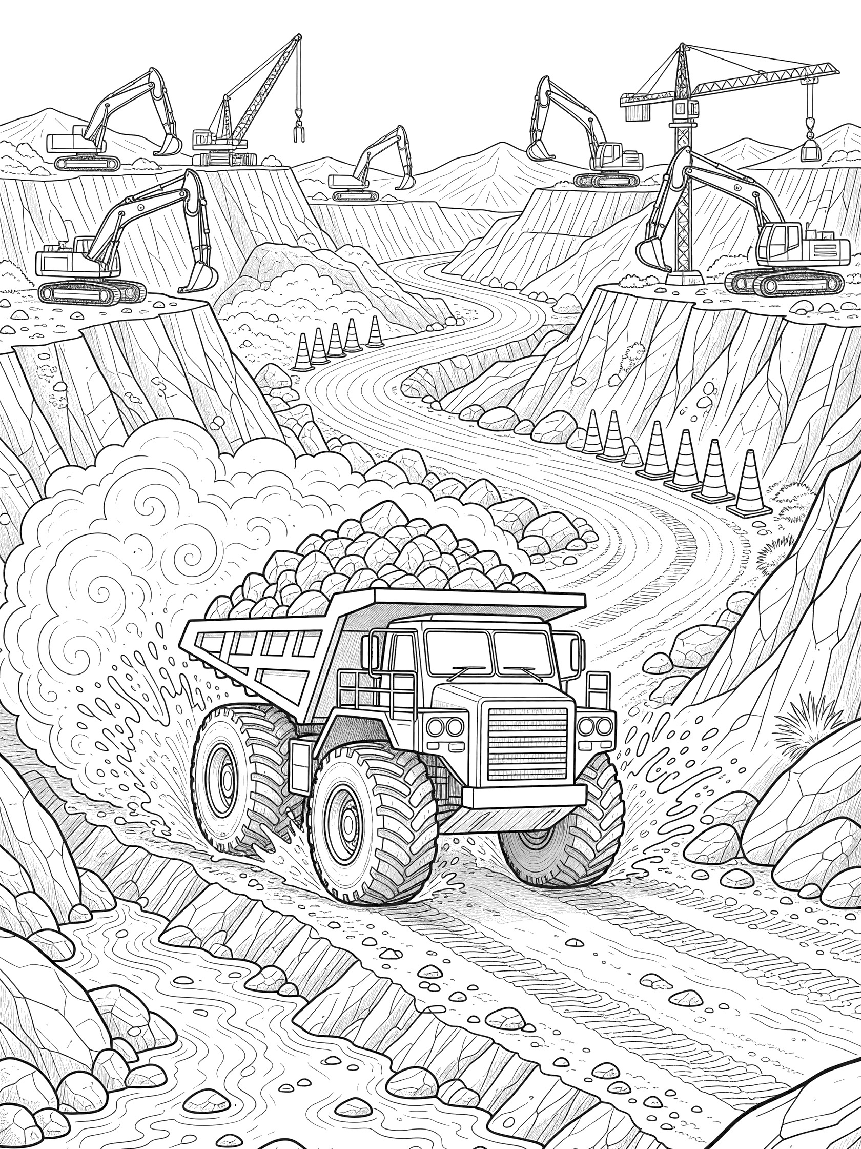 Black and white line art of a massive haul truck on an off-road adventure through a quarry with winding dirt path, huge knobby tires, load of rocks, dust clouds, boulders, traffic cones, and background machinery.