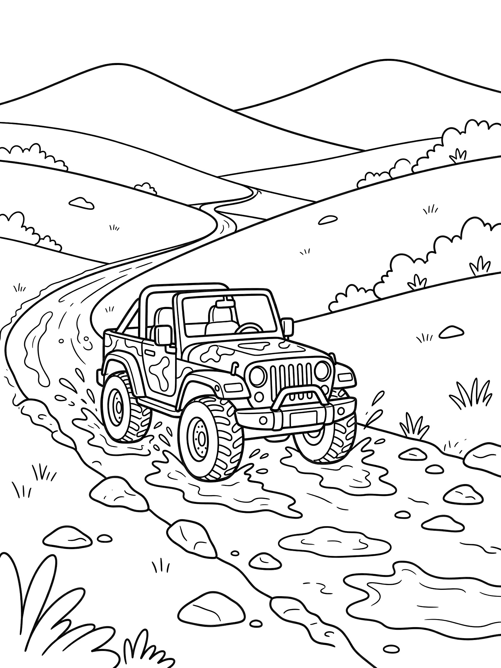 Cartoon military-style Jeep with big tires splashing through mud and rocks on a dirt trail, surrounded by hills, bushes, and mountains - printable coloring page