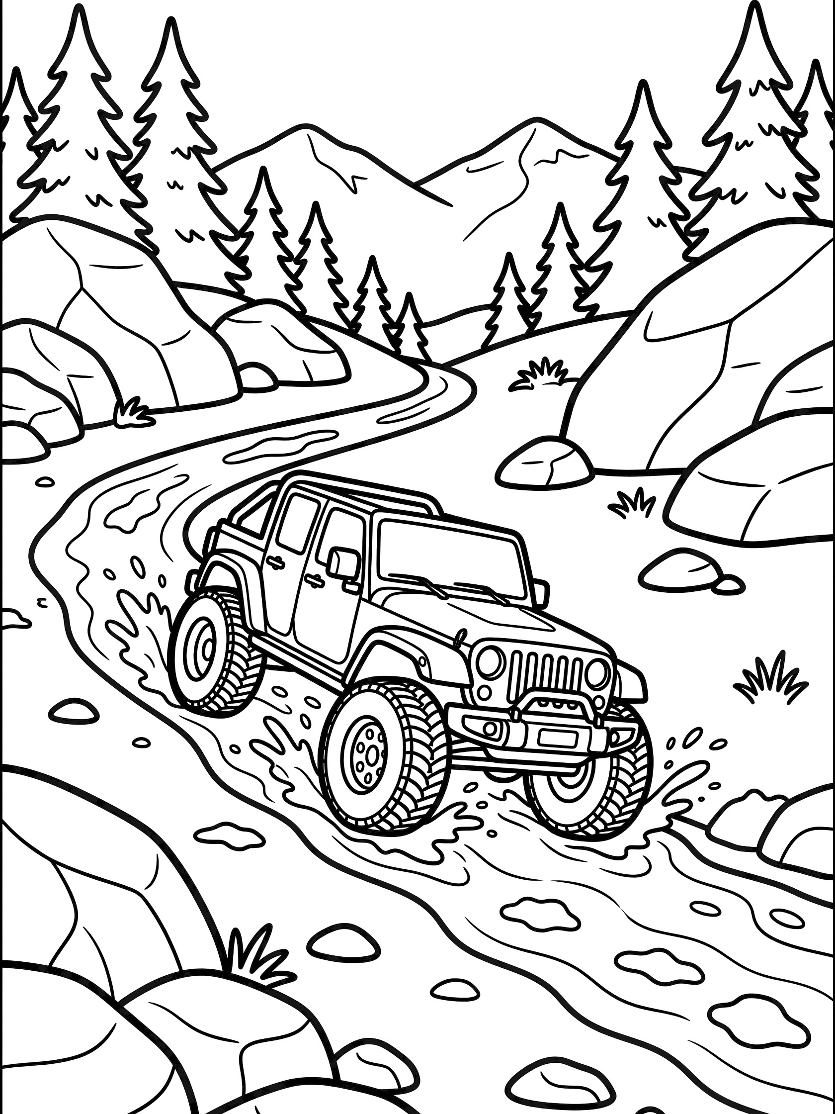 Black and white line art of a four-door off-road jeep splashing through a stream on a curvy dirt path surrounded by rocks, pine trees, grass, and tall mountains. Jeeps themed black and white printable line art