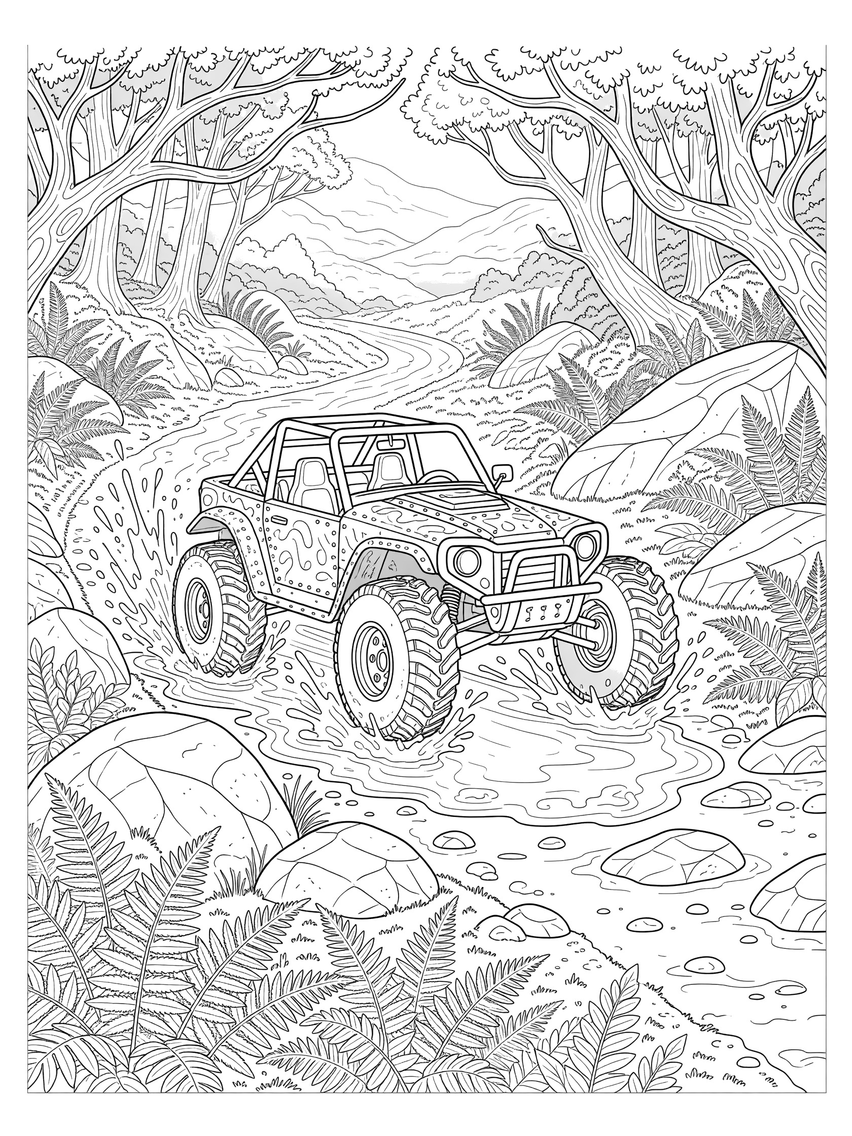 Black and white coloring page of a rugged off-road kit car with oversized knobby tires splashing through mud on a rocky trail surrounded by ferns, trees, and boulders.