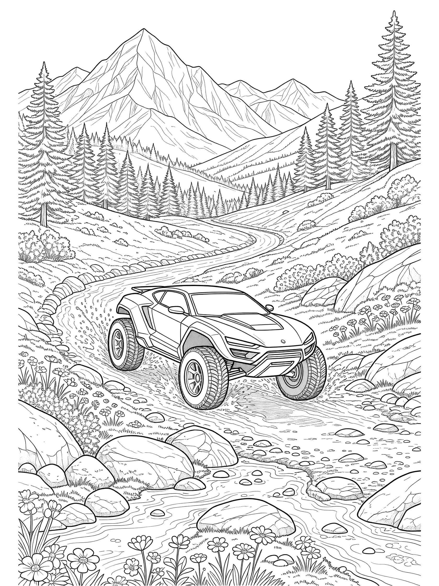 Black-and-white line art coloring page of a sleek angular off-road concept car with massive knobby tires charging through a stream on a steep rocky mountain path surrounded by pine trees, wildflowers, and distant snow-capped peaks.