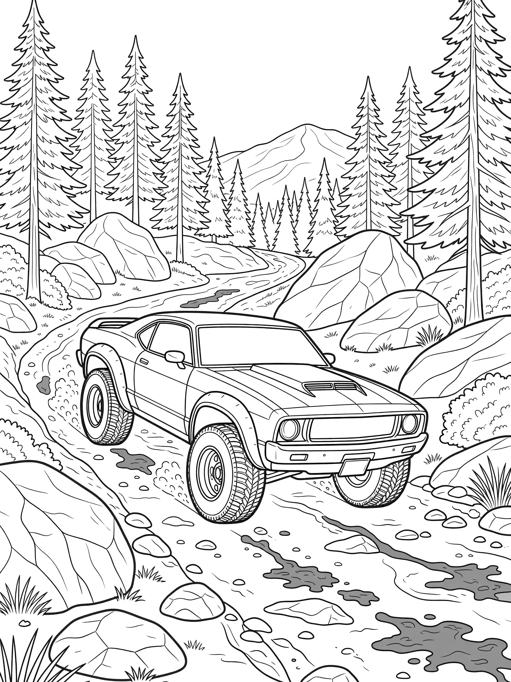 Black-and-white coloring page of a rugged muscle car with oversized knobby tires and hood scoop driving up a steep muddy trail through pine forest with rocks and distant hills.