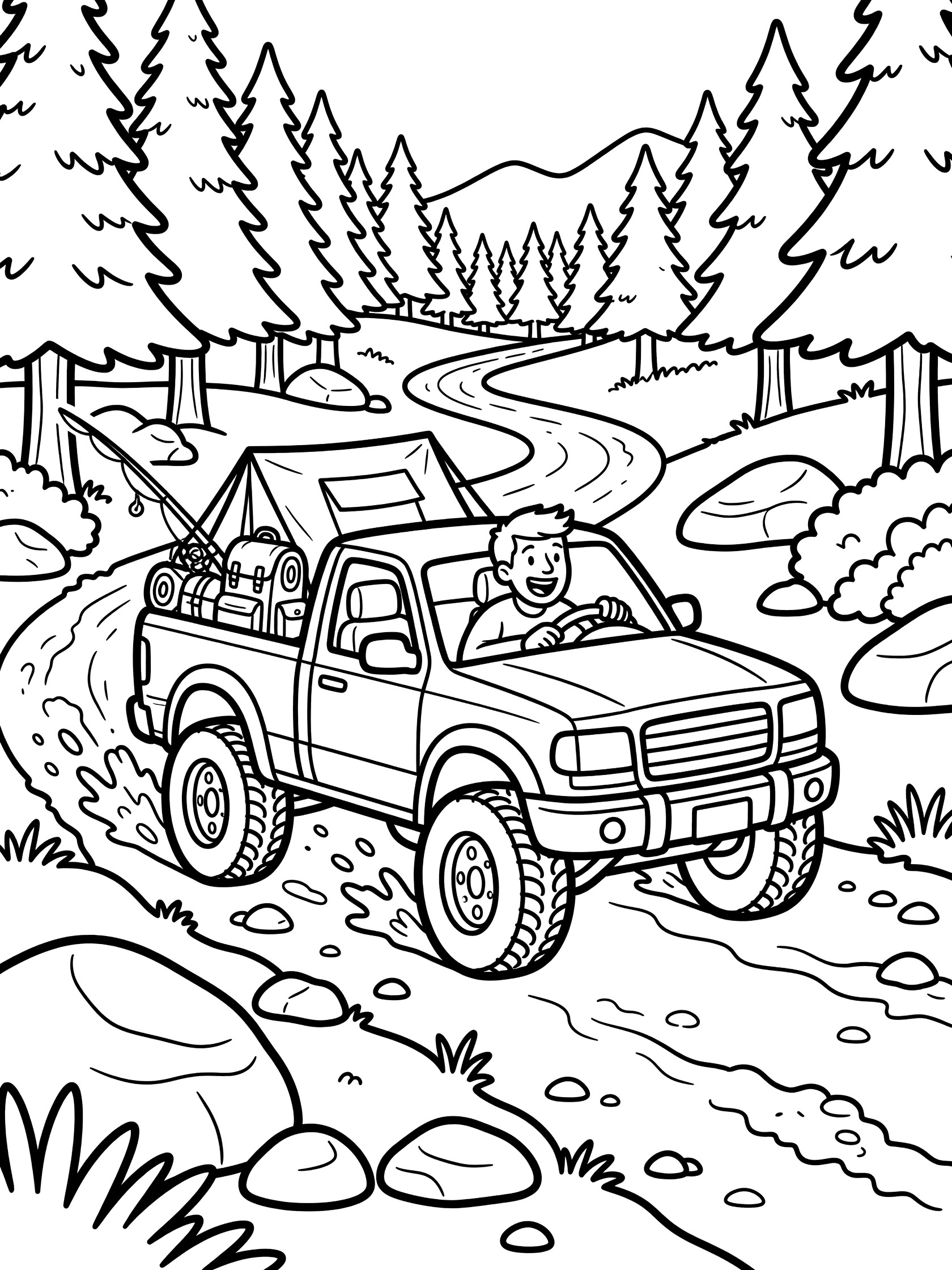 Black and white line art of a rugged pickup truck on an off-road dirt trail in the forest, with oversized tires, open bed loaded with tent, backpack and fishing rod, driver in cab, pine trees, boulders and mountains.