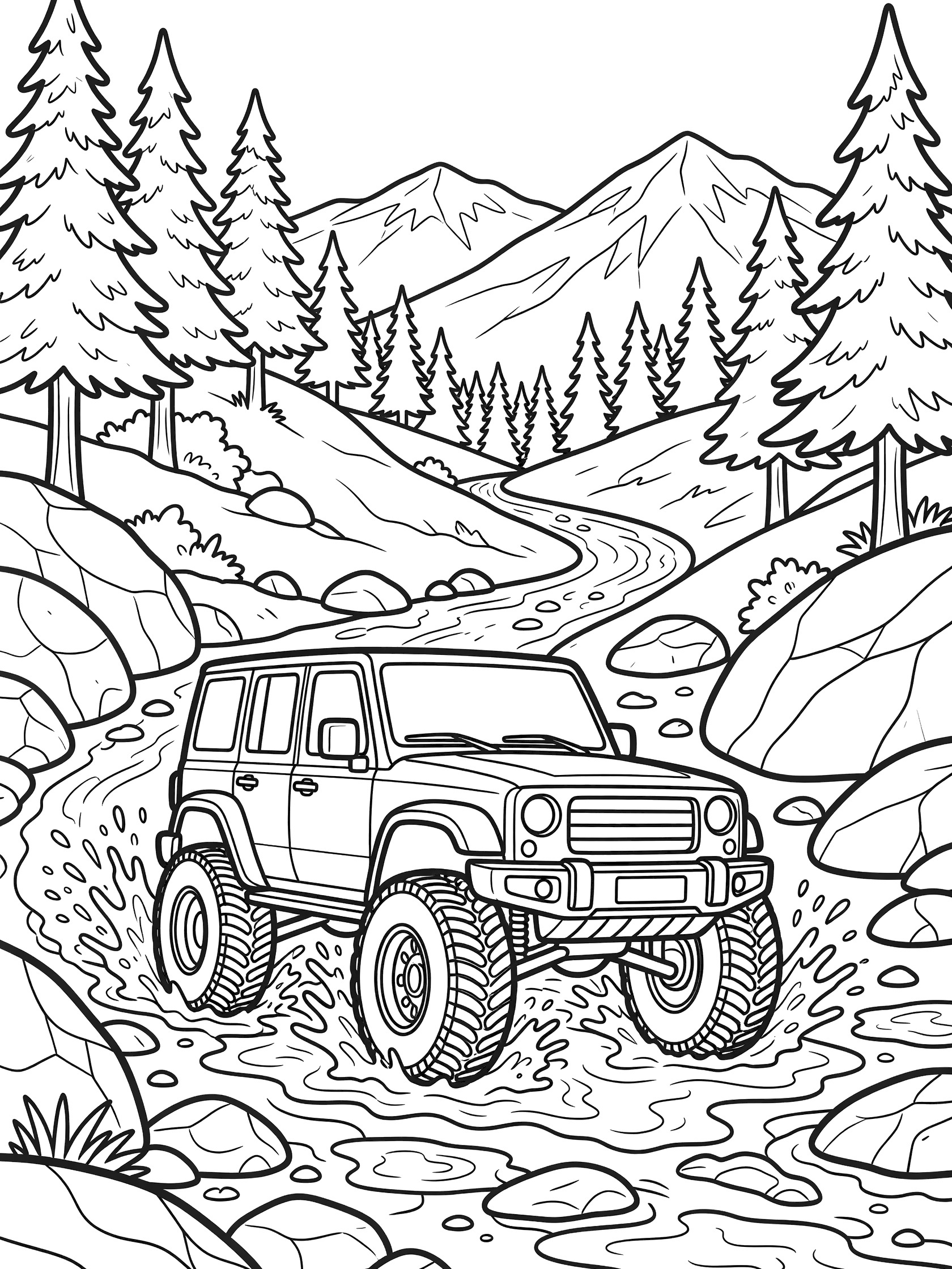 Black and white coloring page showing a tough SUV splashing through muddy puddles and climbing rocks on an off-road trail lined with pine trees and distant mountains. SUVs themed black and white printable line art