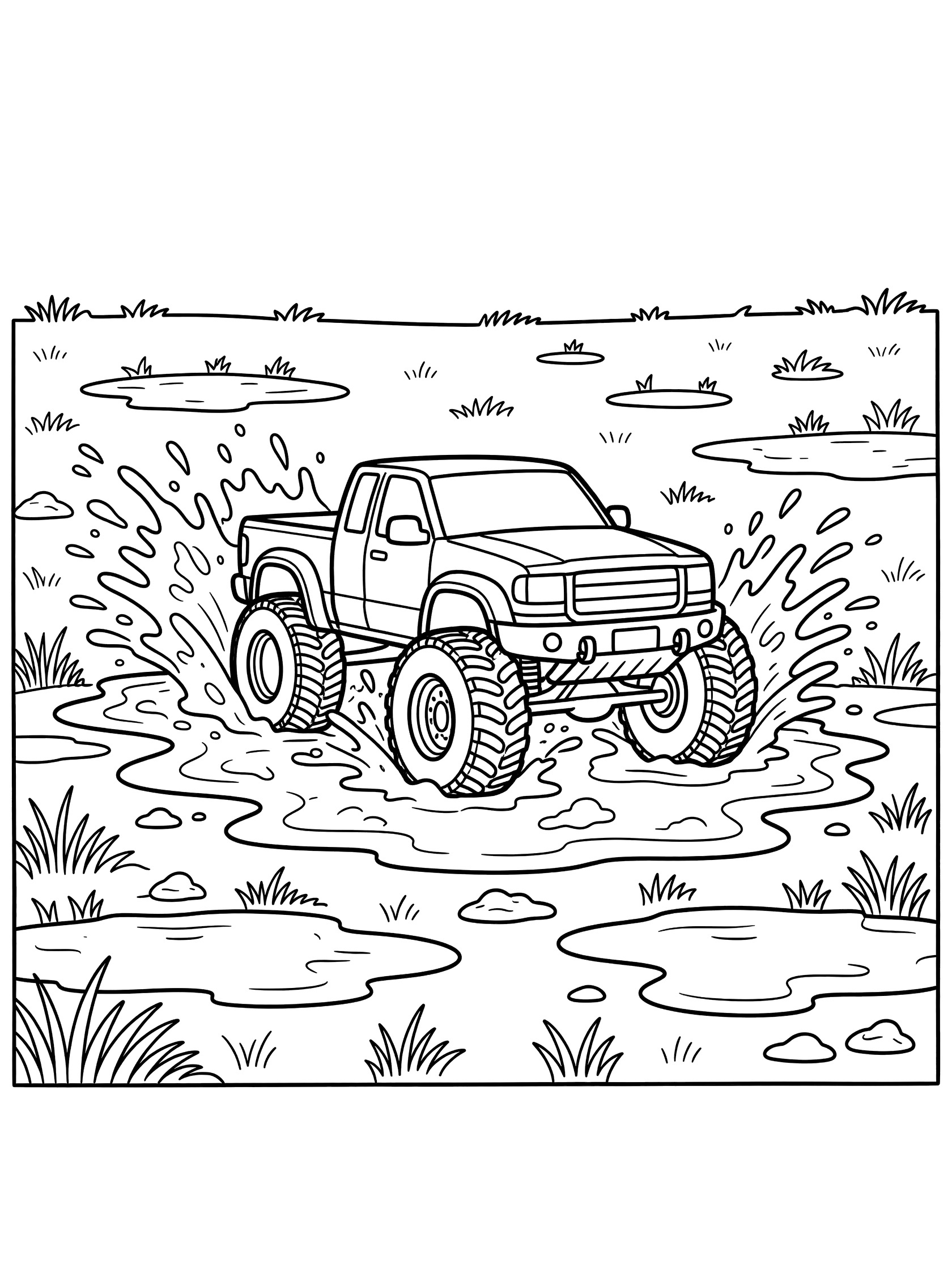 Black and white line art coloring page showing an off-road truck with large tires splashing through a mud puddle, with grass and water puddles around it. Ford Raptor themed black and white printable line art