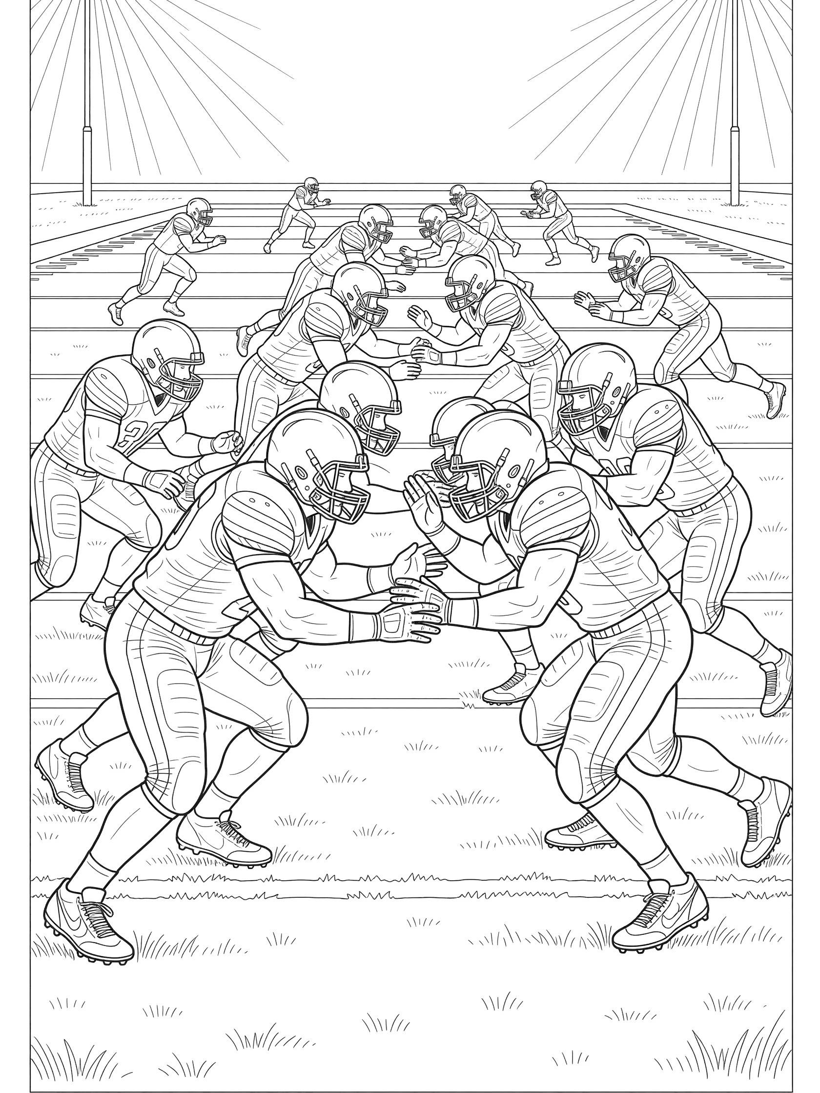 Black and white line art coloring page showing offensive line football players in pads and helmets charging aggressively to block rushing defenders on a marked field under stadium lights.
