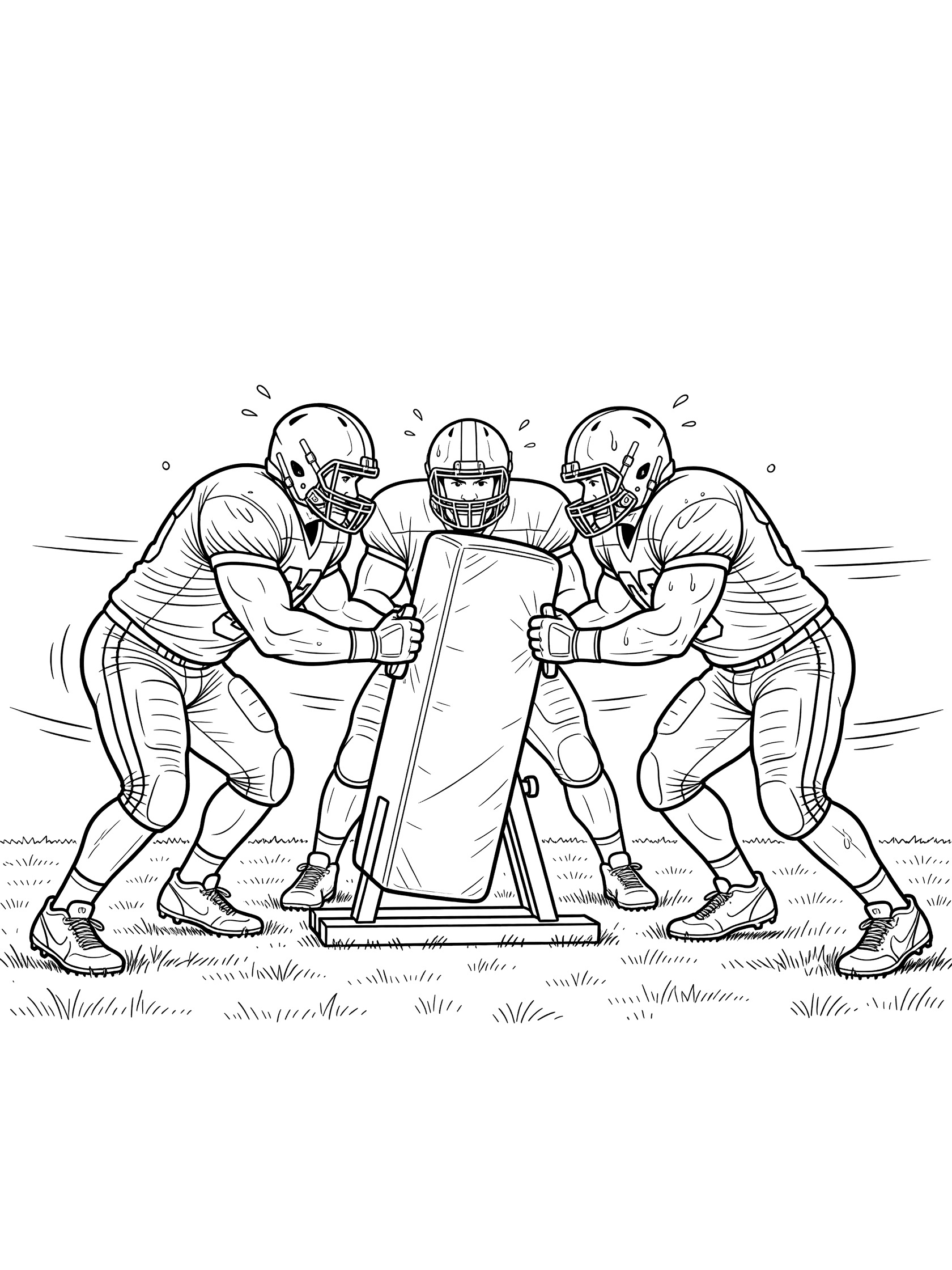 Black and white line art of offensive line football players in helmets and pads powerfully pushing a heavy blocking sled across a turf field with motion lines.