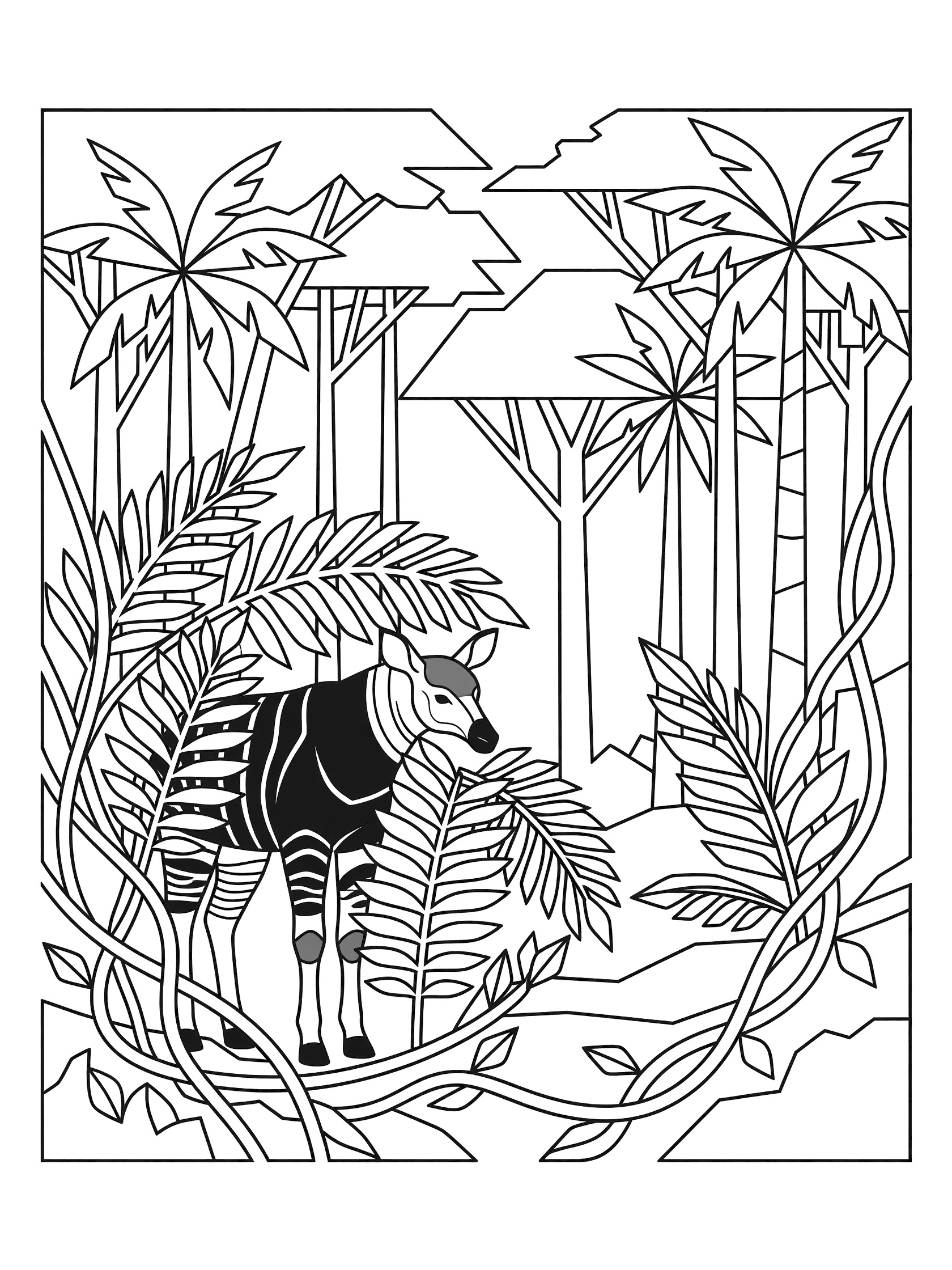 Line art coloring page showing an okapi partially hidden behind large fern fronds and vines in an African forest with tall palm trees and tree canopy.