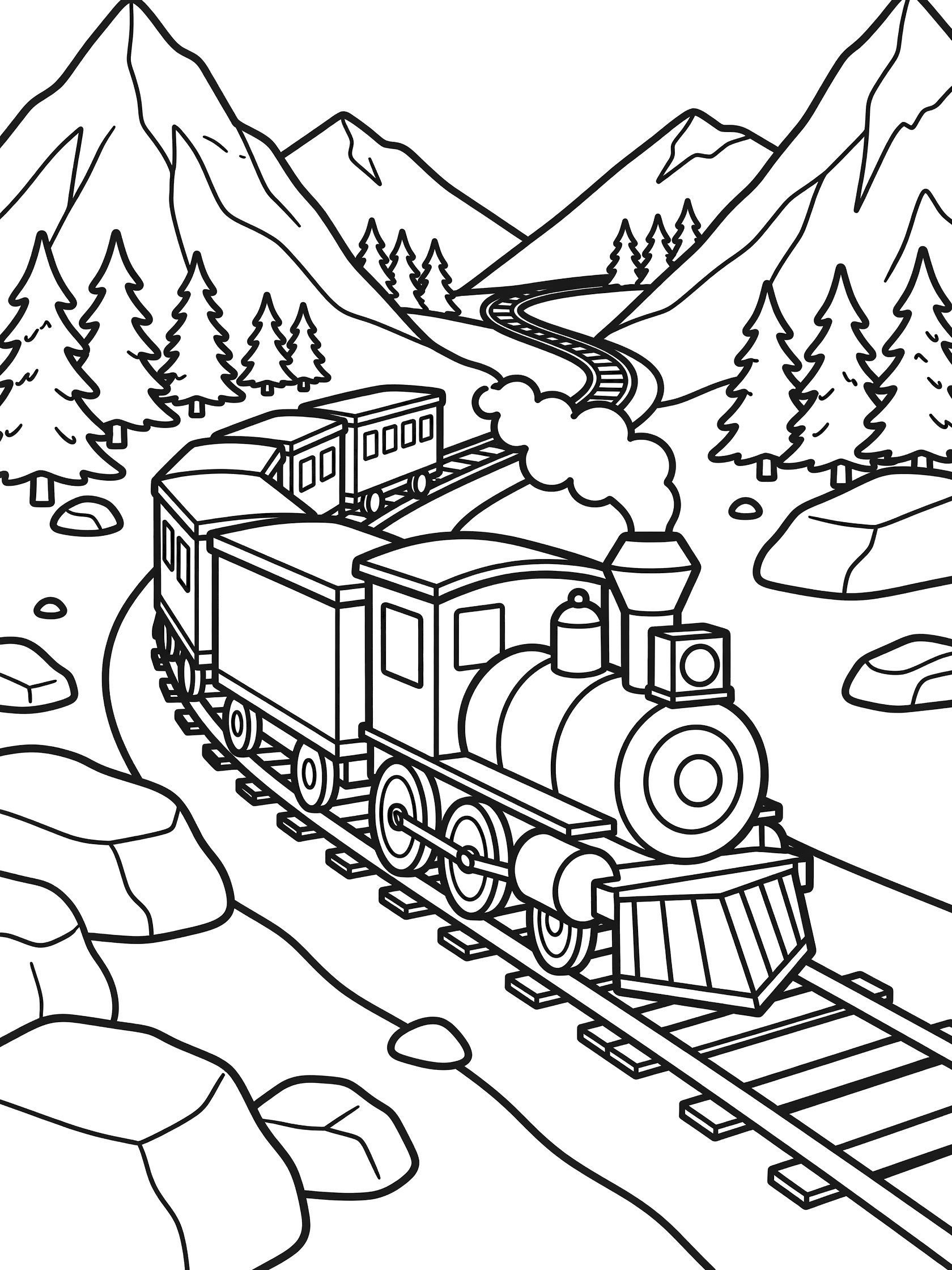 Black and white line art of a steam locomotive train on tracks curving through a mountain pass with pine trees, jagged peaks, rocks, and a river. Old West Trains themed black and white printable line art