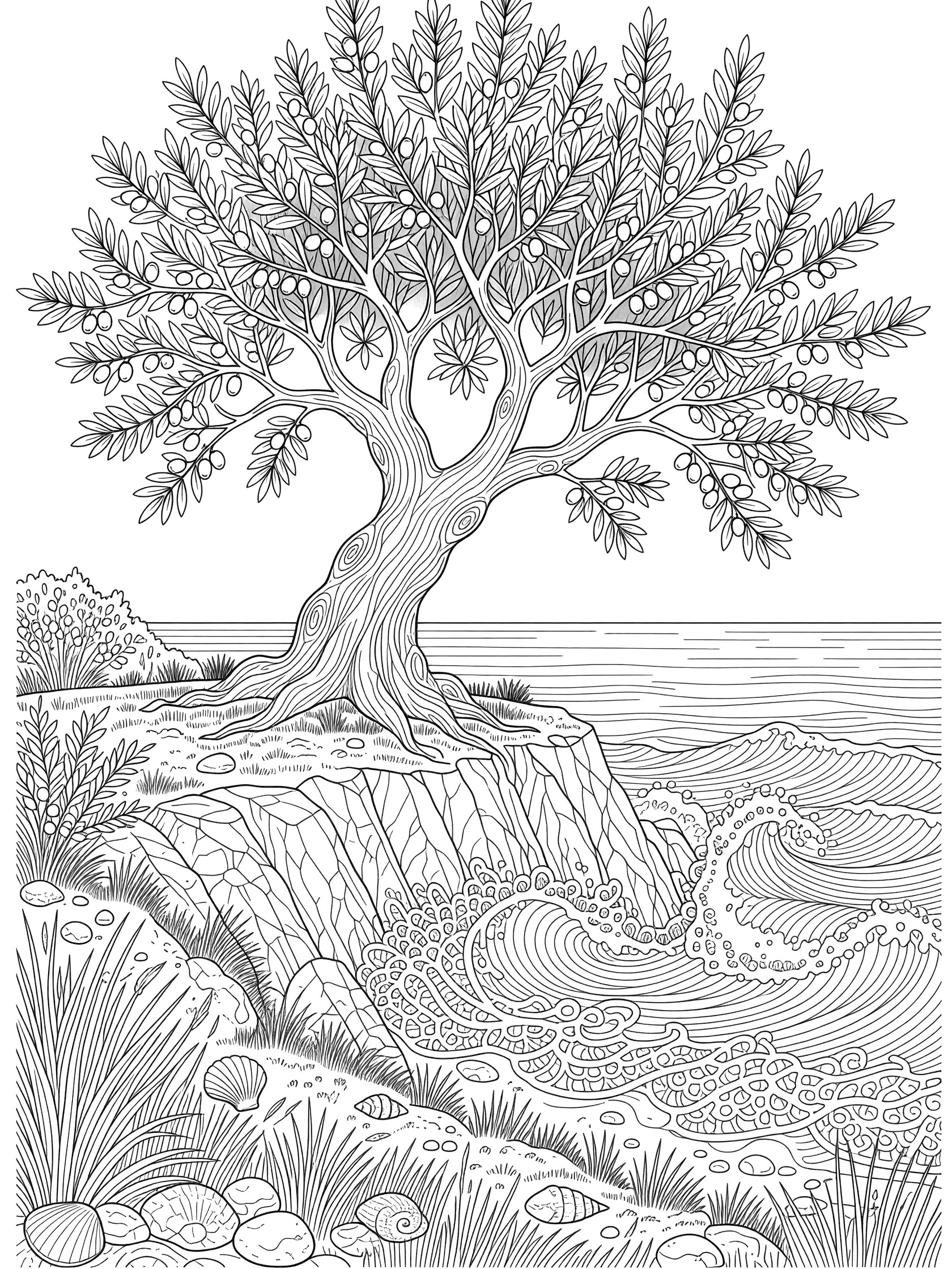 Black and white line art of an olive tree with twisting trunk and olive clusters on a seaside cliff, waves crashing on rocks, grasses and shells in foreground.