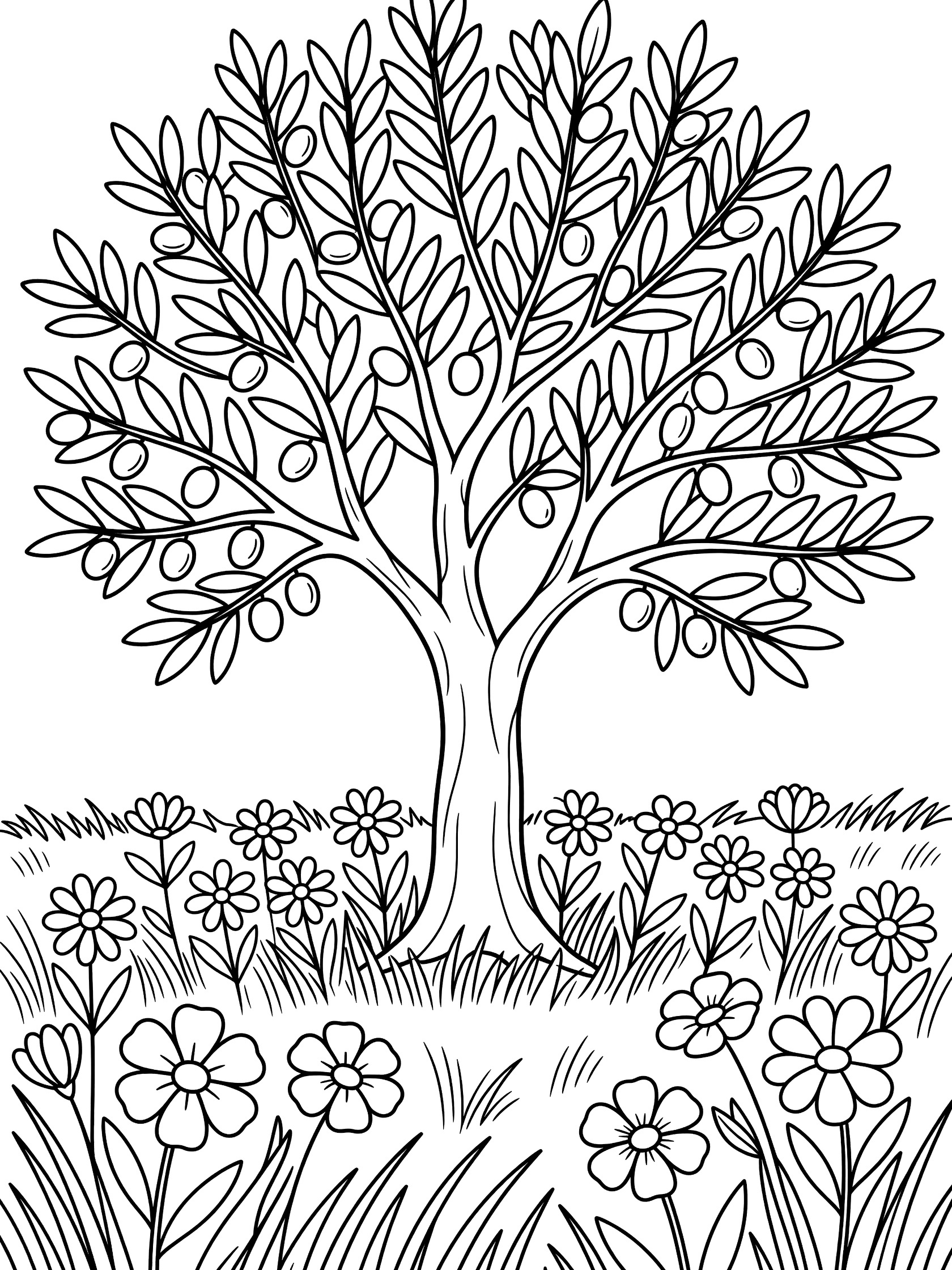 Black and white line art of an olive tree with leaves, olives, flowers and grass in a meadow, printable coloring page for kids
