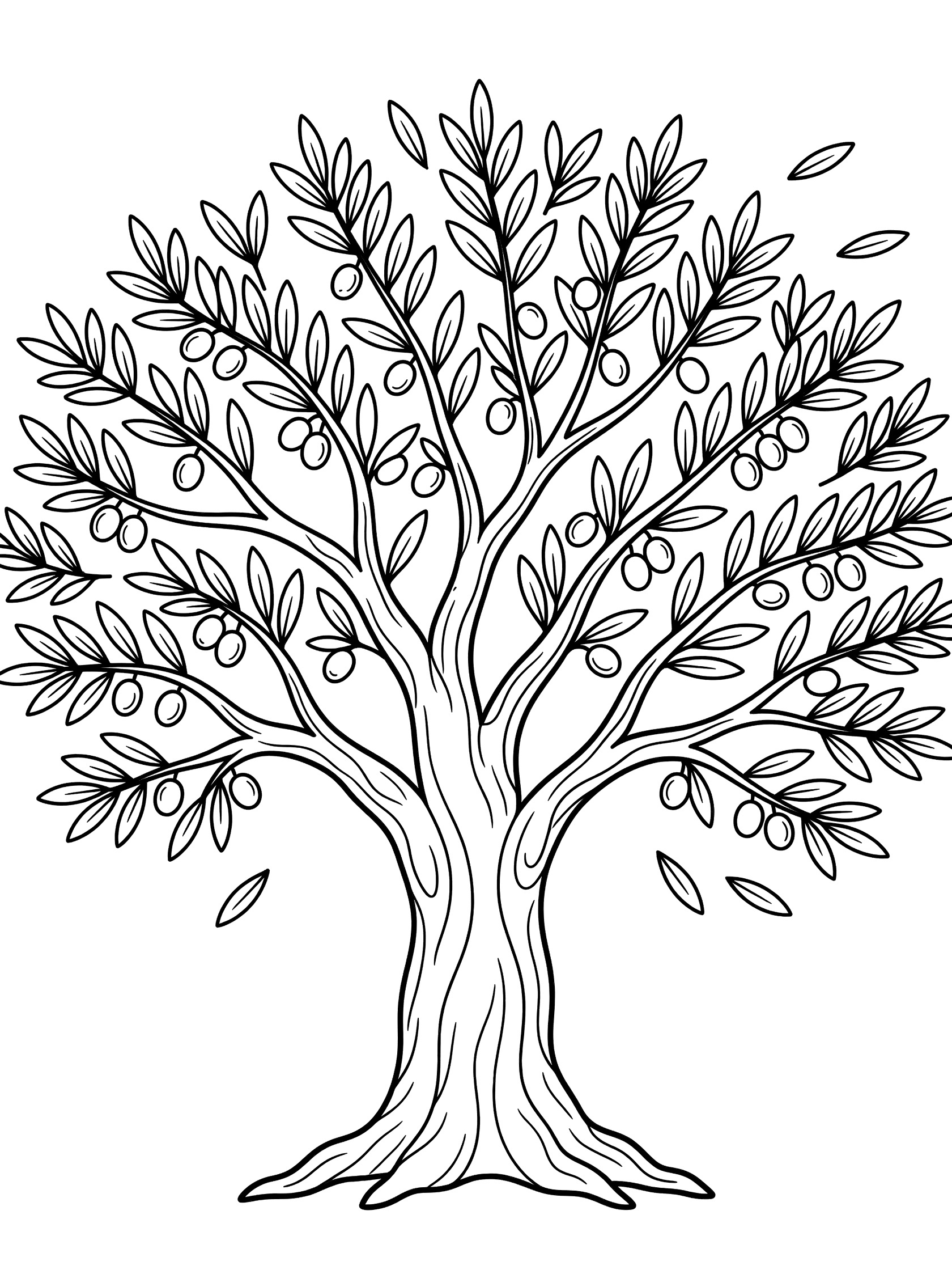 Black and white line art of a single olive tree with thick trunk, full branches of oval leaves, bunches of olives, and a few falling leaves.