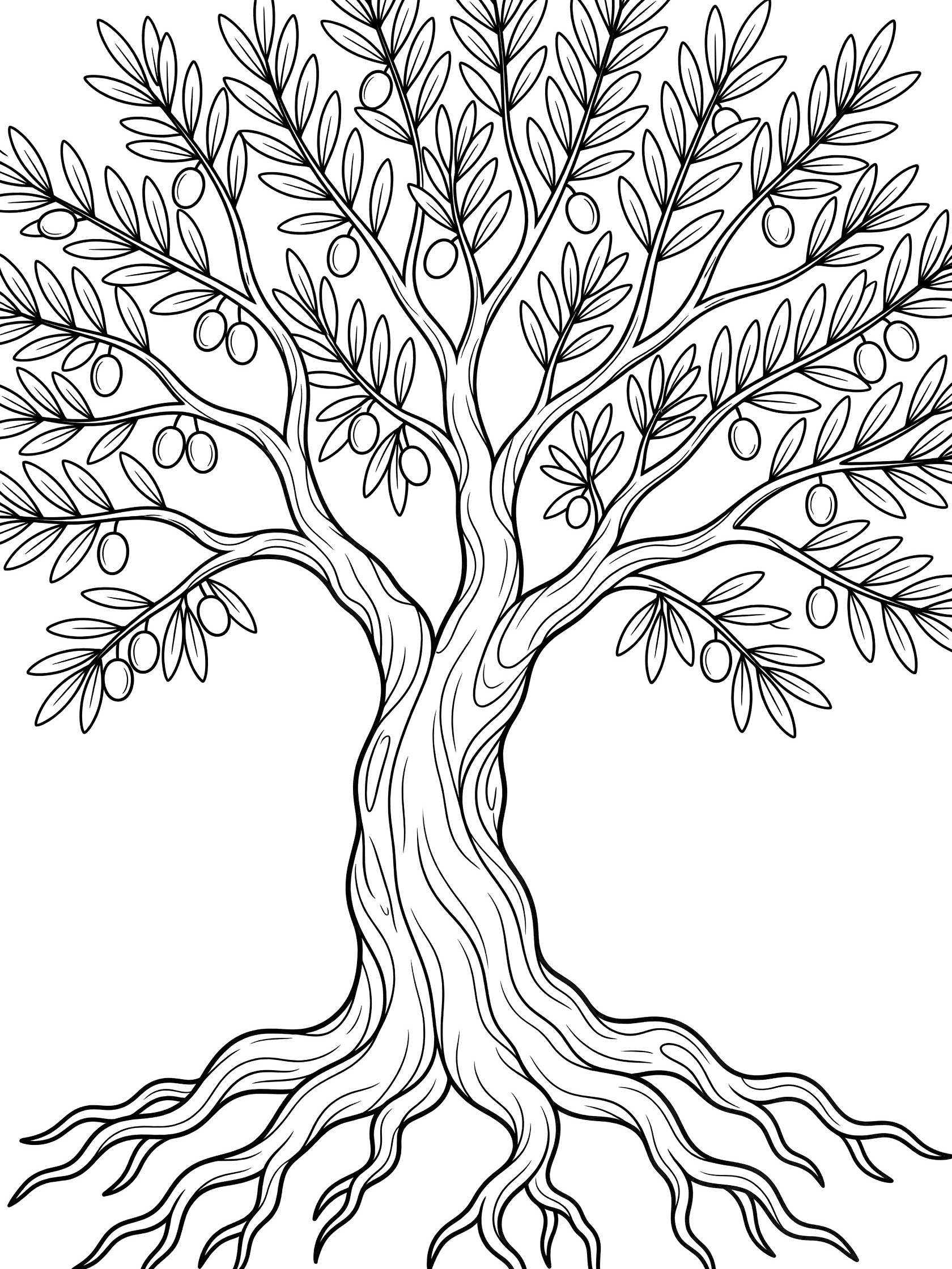 Black and white line art coloring page of an ancient olive tree with gnarled trunk, long branches full of leaves and olives, and roots coming out of the ground.