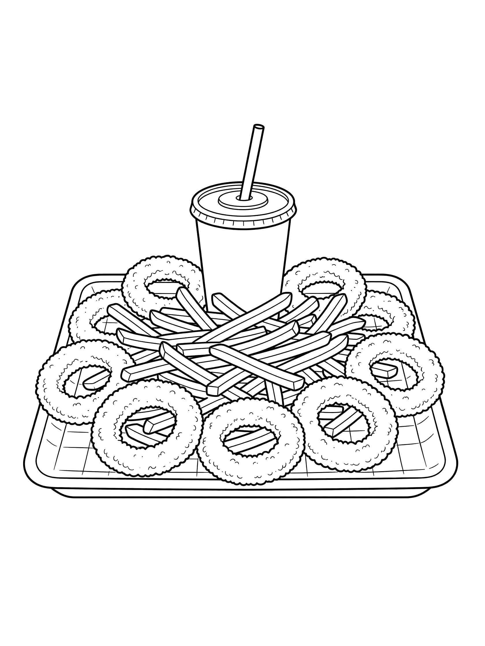 Coloring page showing onion rings in a circle around a pile of fries on a paper-lined tray with a soda cup and straw in the middle