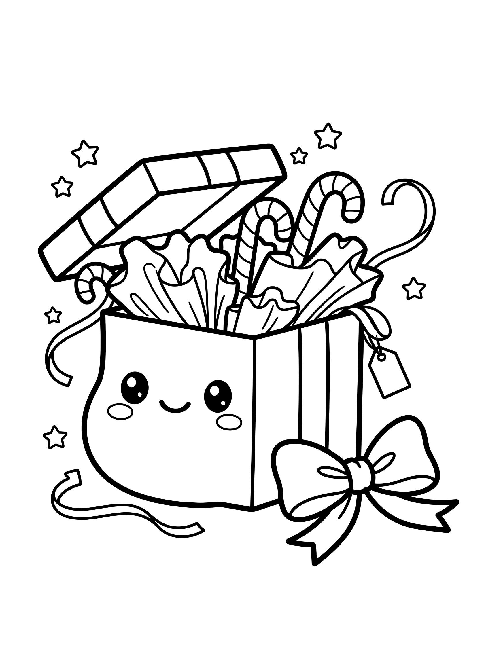 Black and white line art of an adorable kawaii open Christmas present coloring page featuring chubby gift box with sparkling eyes, rosy cheeks, lifted lid, candy canes, stars, and untied bow.