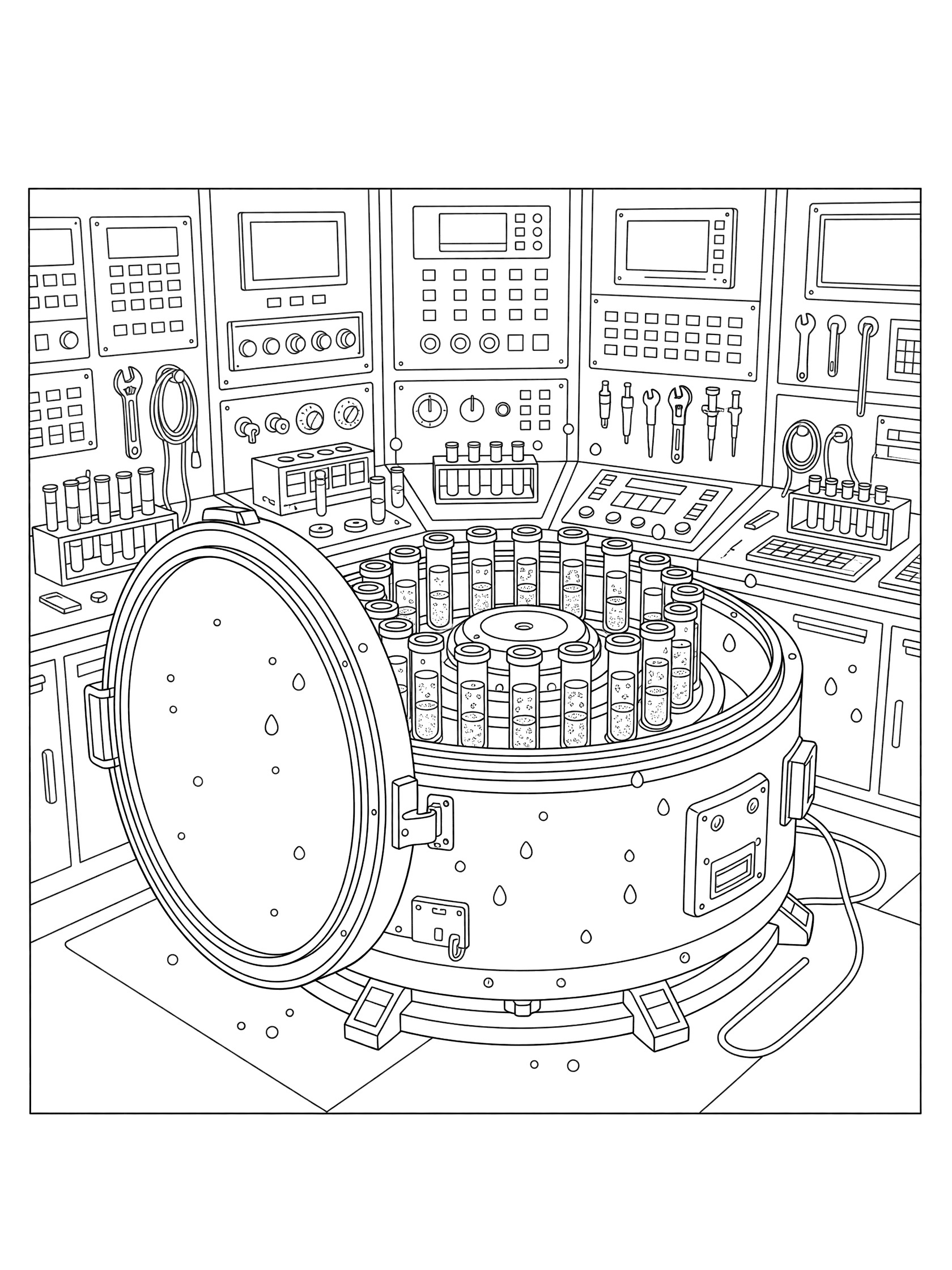 Printable coloring page showing a large centrifuge machine with open door revealing rows of test tubes, surrounded by lab tools, control panels, and floating droplets in microgravity