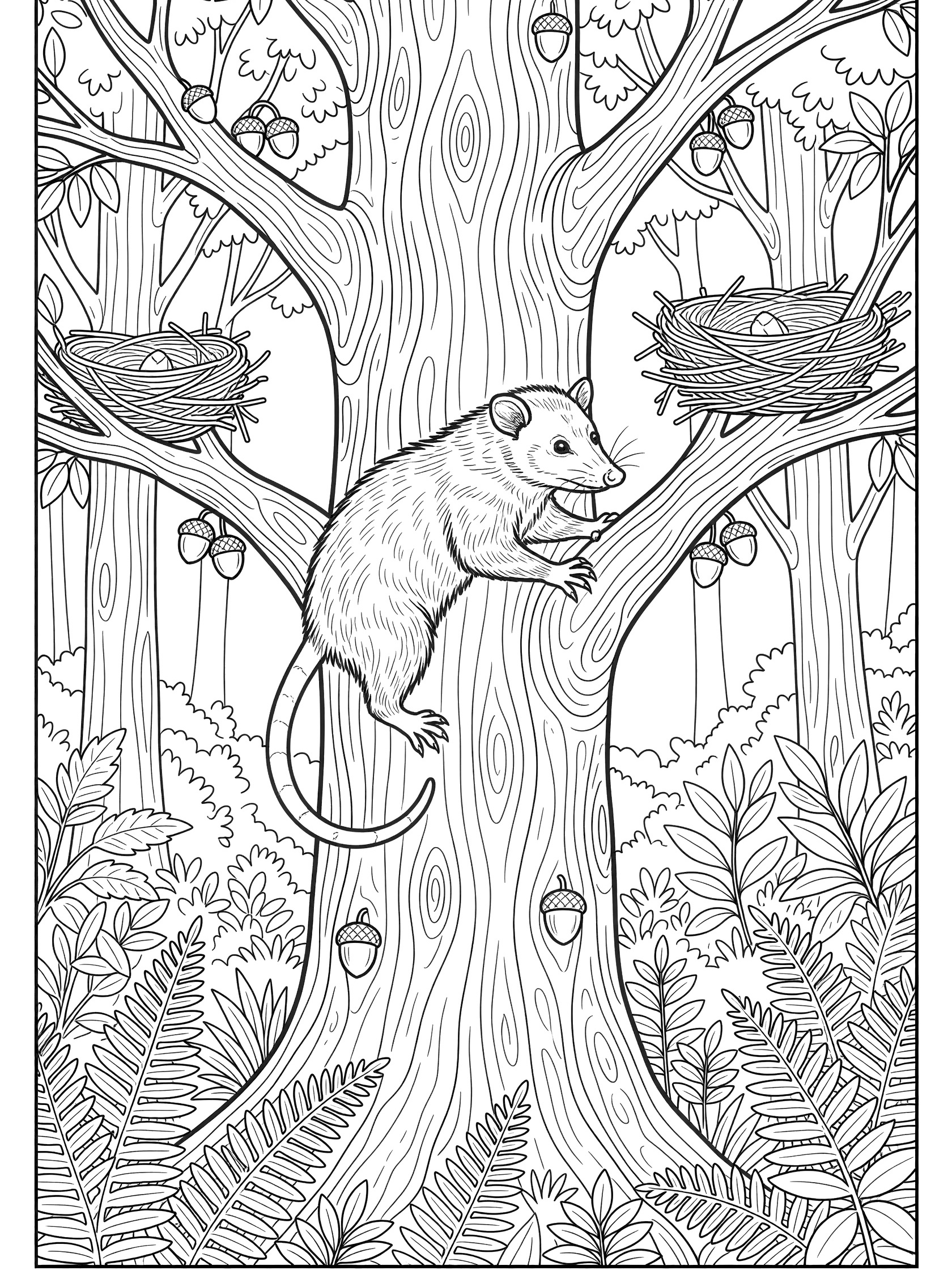 Printable coloring page showing an opossum climbing up a tall tree trunk with acorns, birds nests in branches, and forest foliage around it