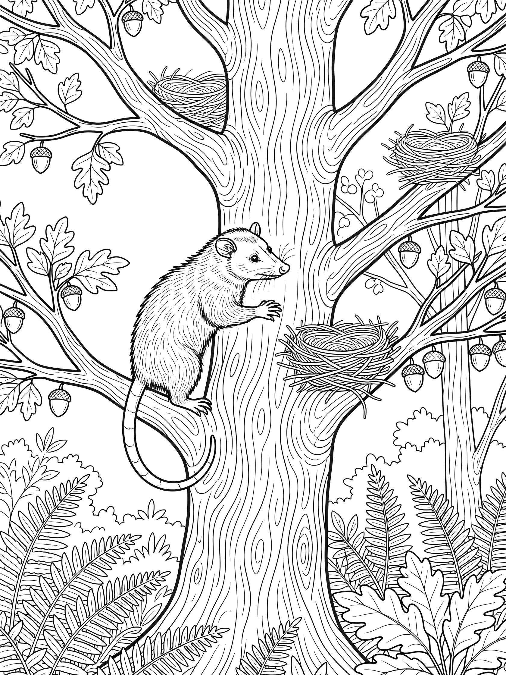 Black and white line art coloring page showing an opossum climbing a tree trunk with acorns, birds nests, oak leaves and ferns in a forest scene.