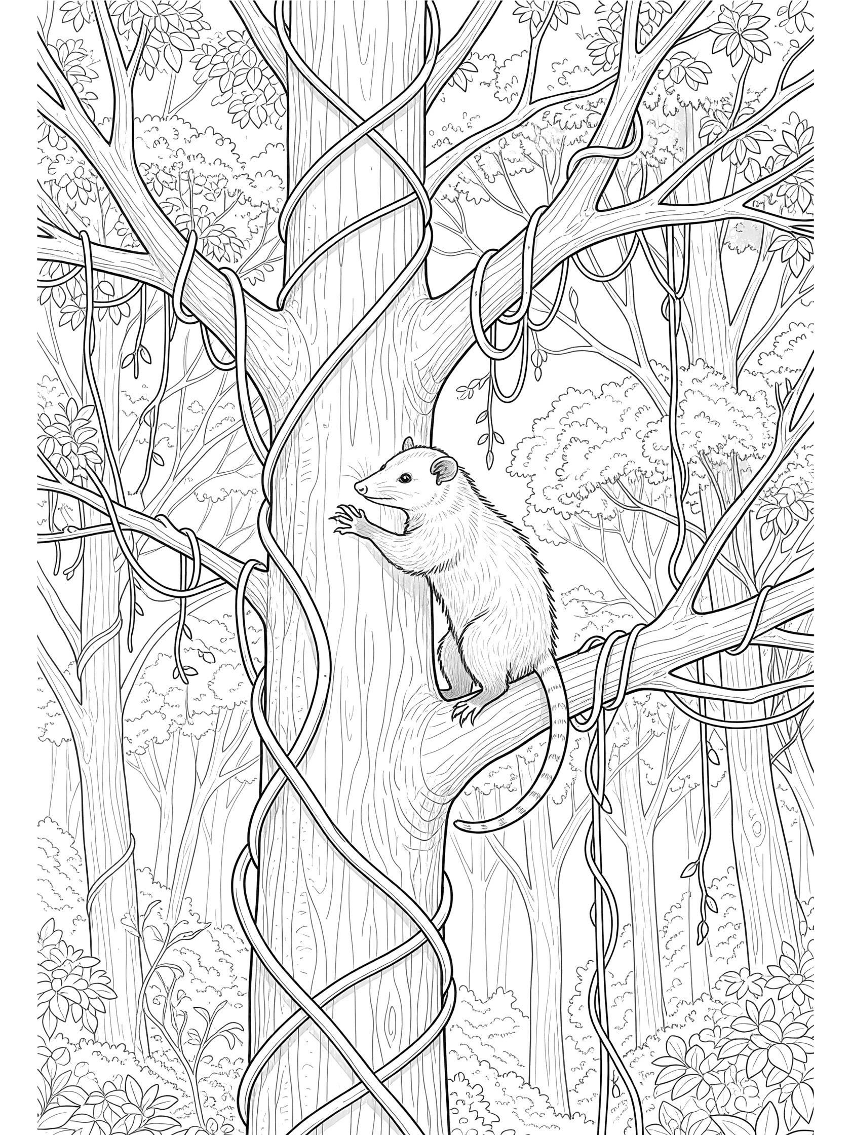 Black and white line art coloring page showing an opossum gripping a tall tree trunk with claws and tail wrapped around a branch, surrounded by vines and forest branches.