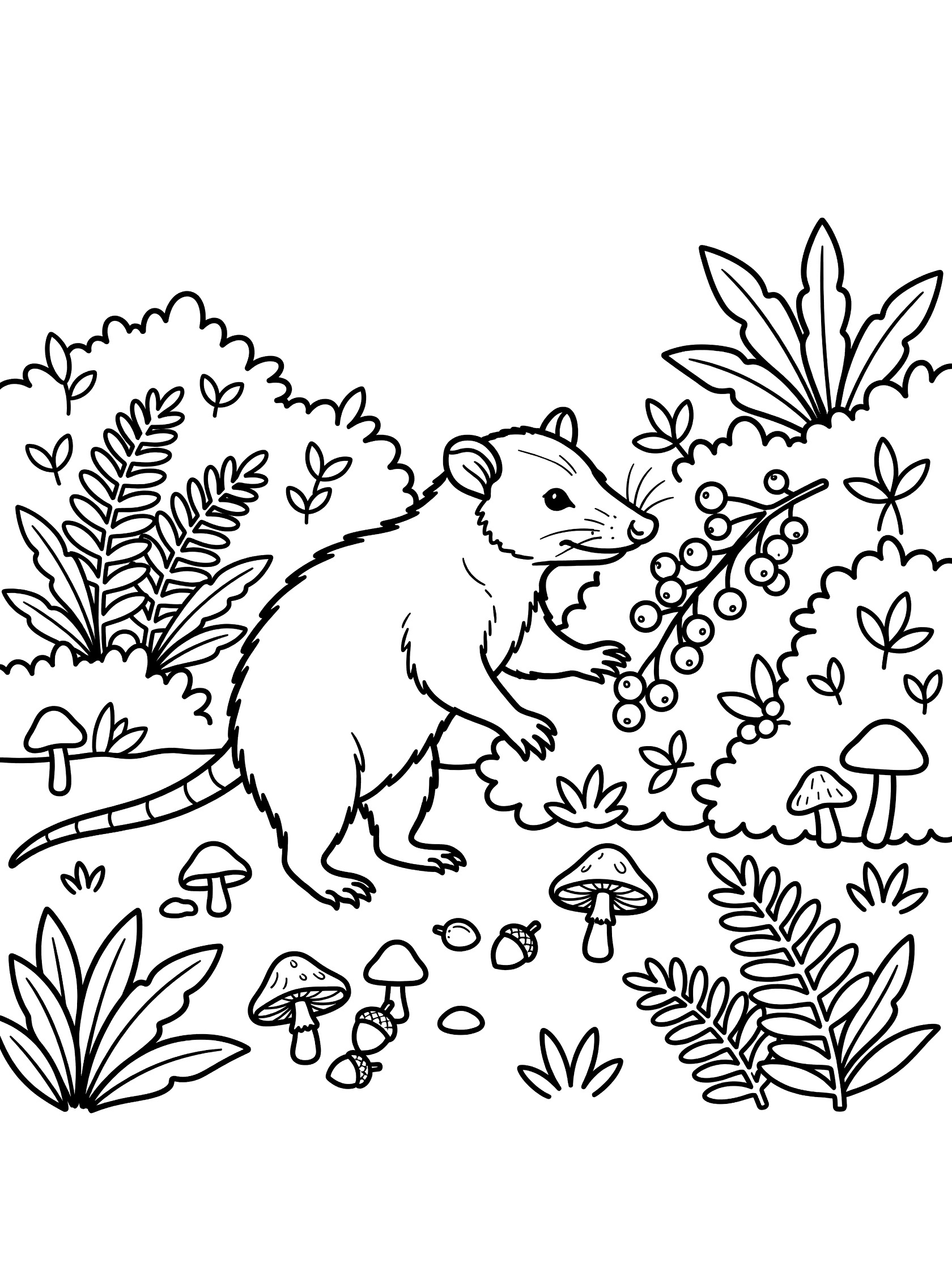 Black and white line art coloring page showing an opossum on hind legs reaching for berries surrounded by forest bushes, ferns, mushrooms, and nuts