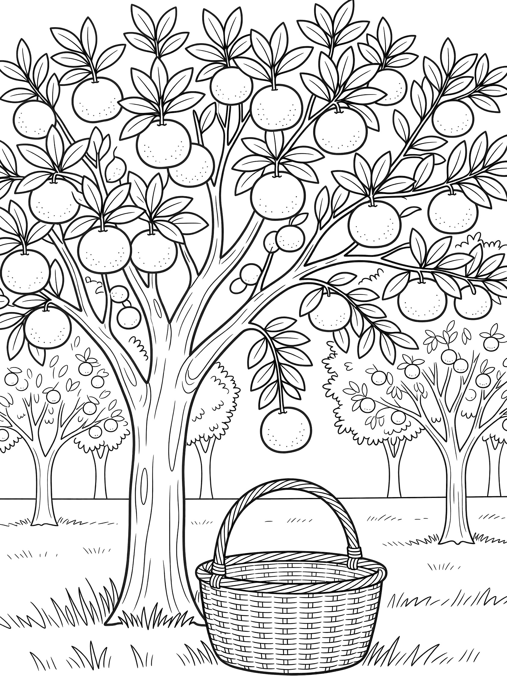 Line art coloring page showing an orange tree heavy with fruit, one orange dropping into a basket in a lush orchard with other trees and grass.