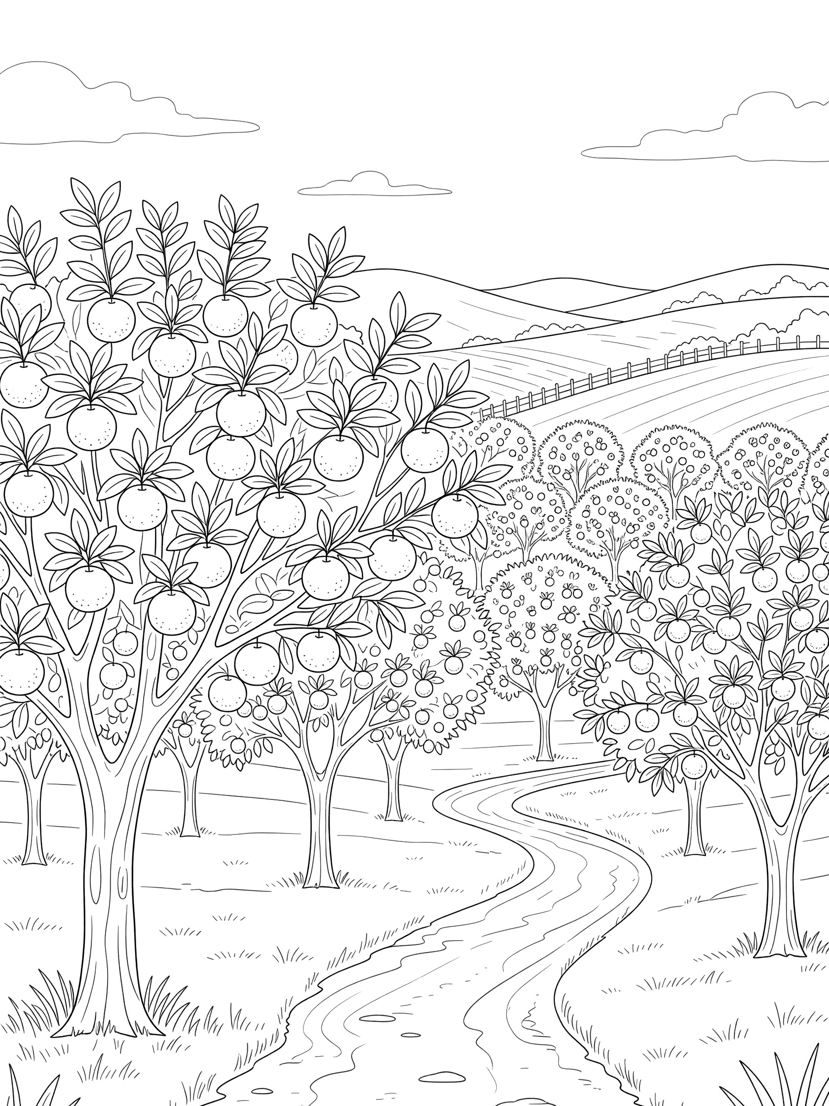 Whimsical line art coloring page showing a tall orange tree in the foreground full of oranges, rows of orange trees, dirt path, rolling hills, fence, and open sky.
