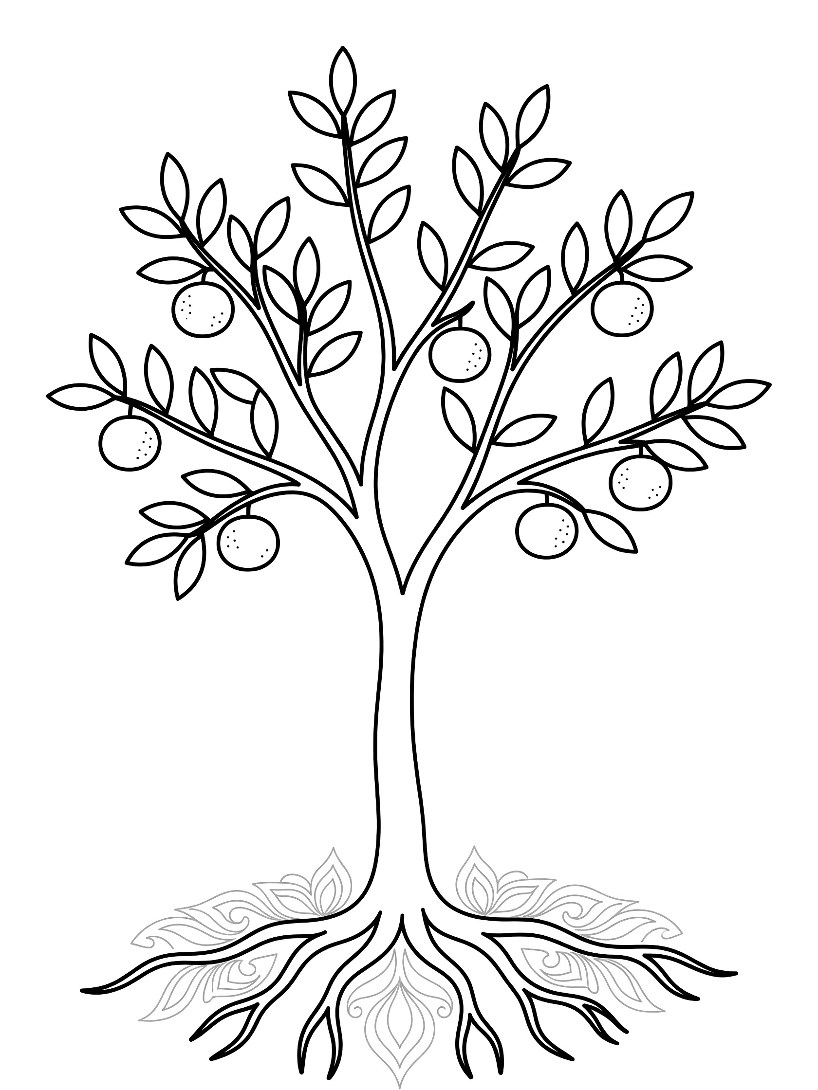 Black and white line art of a young orange tree sapling with small oranges hanging from branches, green leaves, and decorative patterns in the trunk and roots.