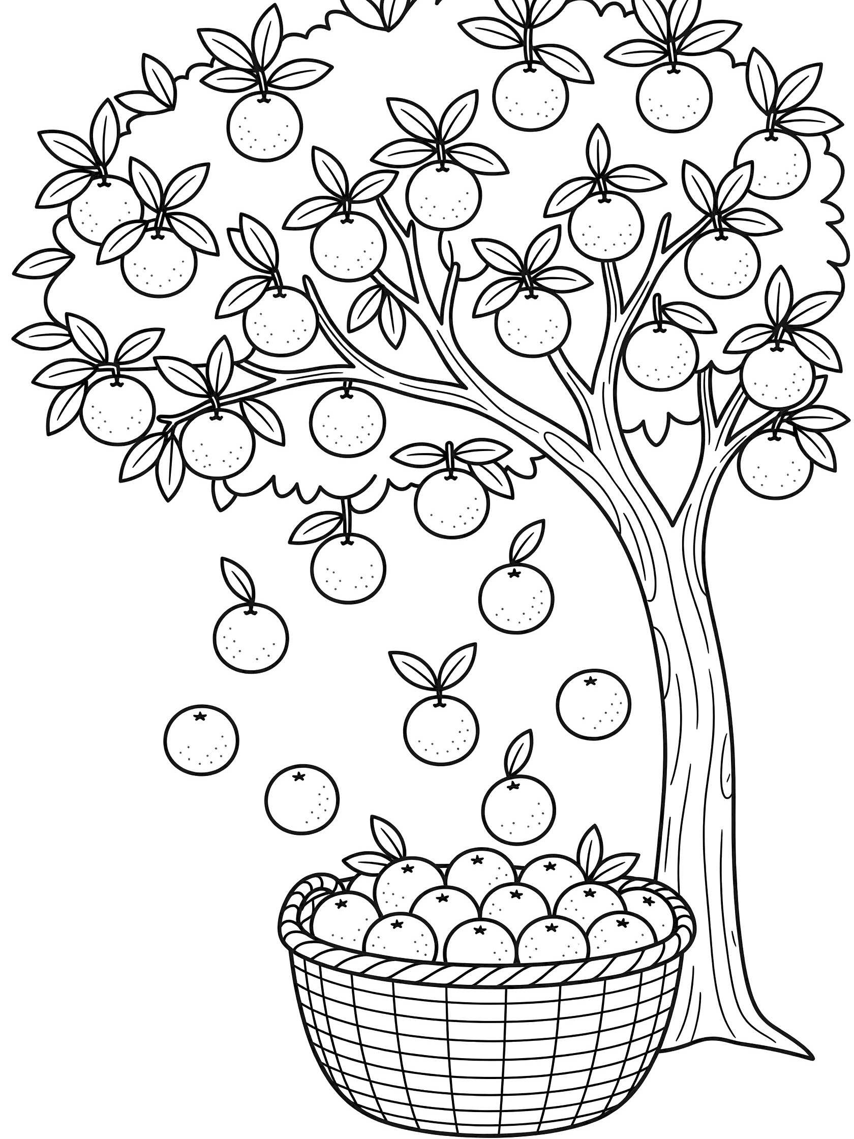 Black and white line art coloring page showing a cartoon orange tree full of oranges, some dropping into a large woven basket below, with green leaves and trunk.