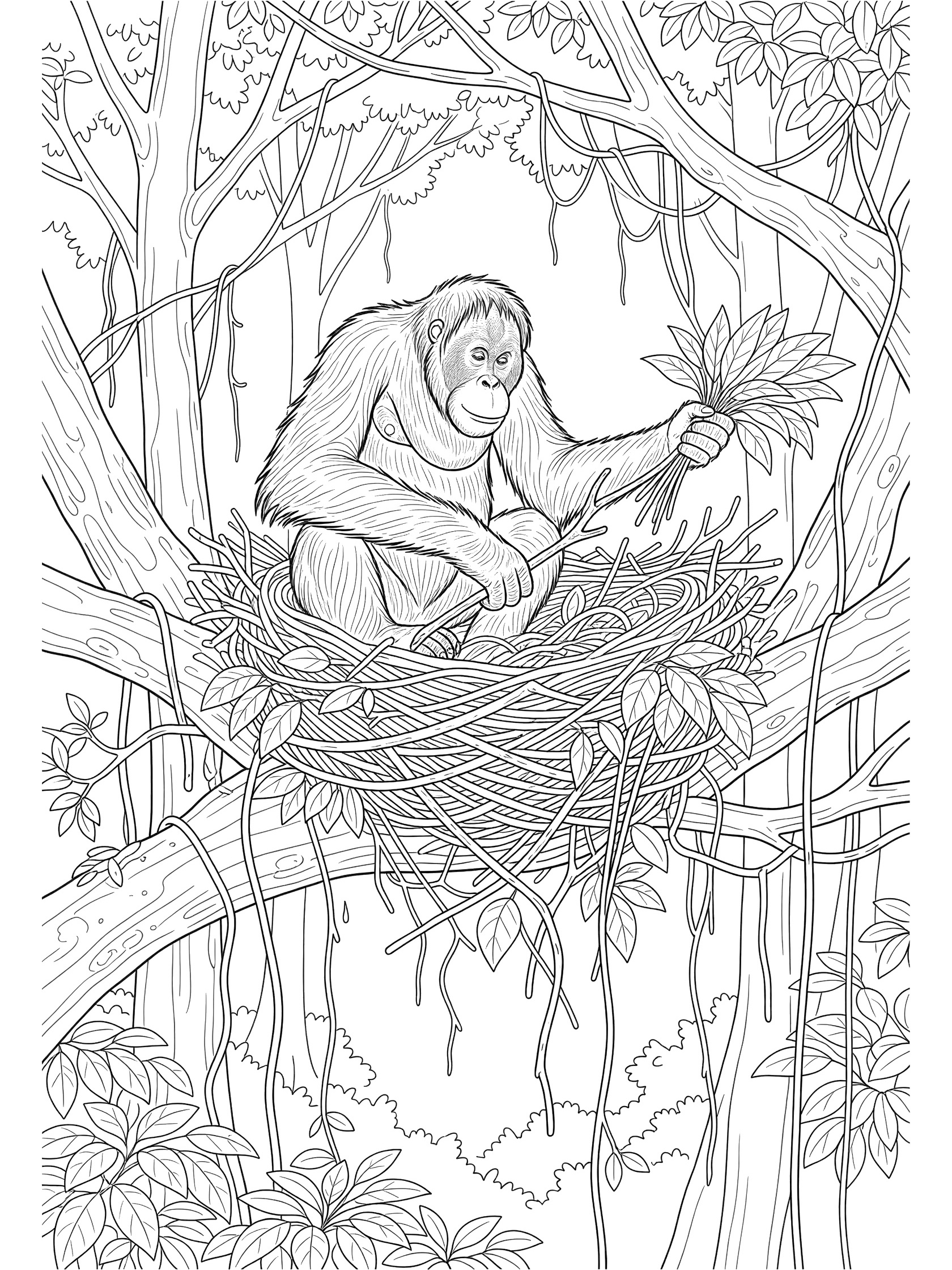 Black and white line art coloring page showing an orangutan sitting in a tree nest holding branches and leaves, surrounded by jungle vines and trees.
