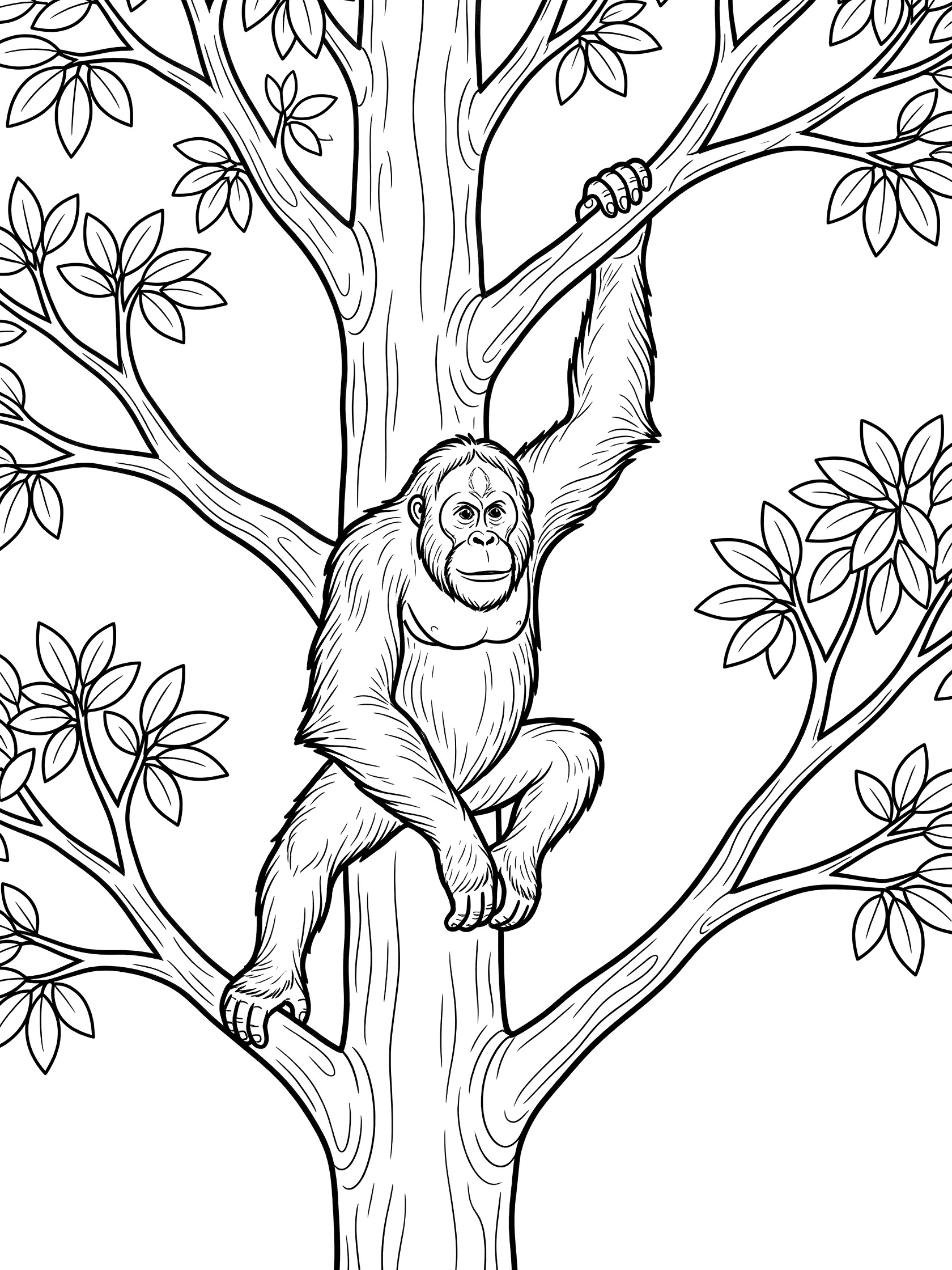 Black and white line art coloring page showing an orangutan climbing up a tree trunk using long arms and legs, with leaves and branches.