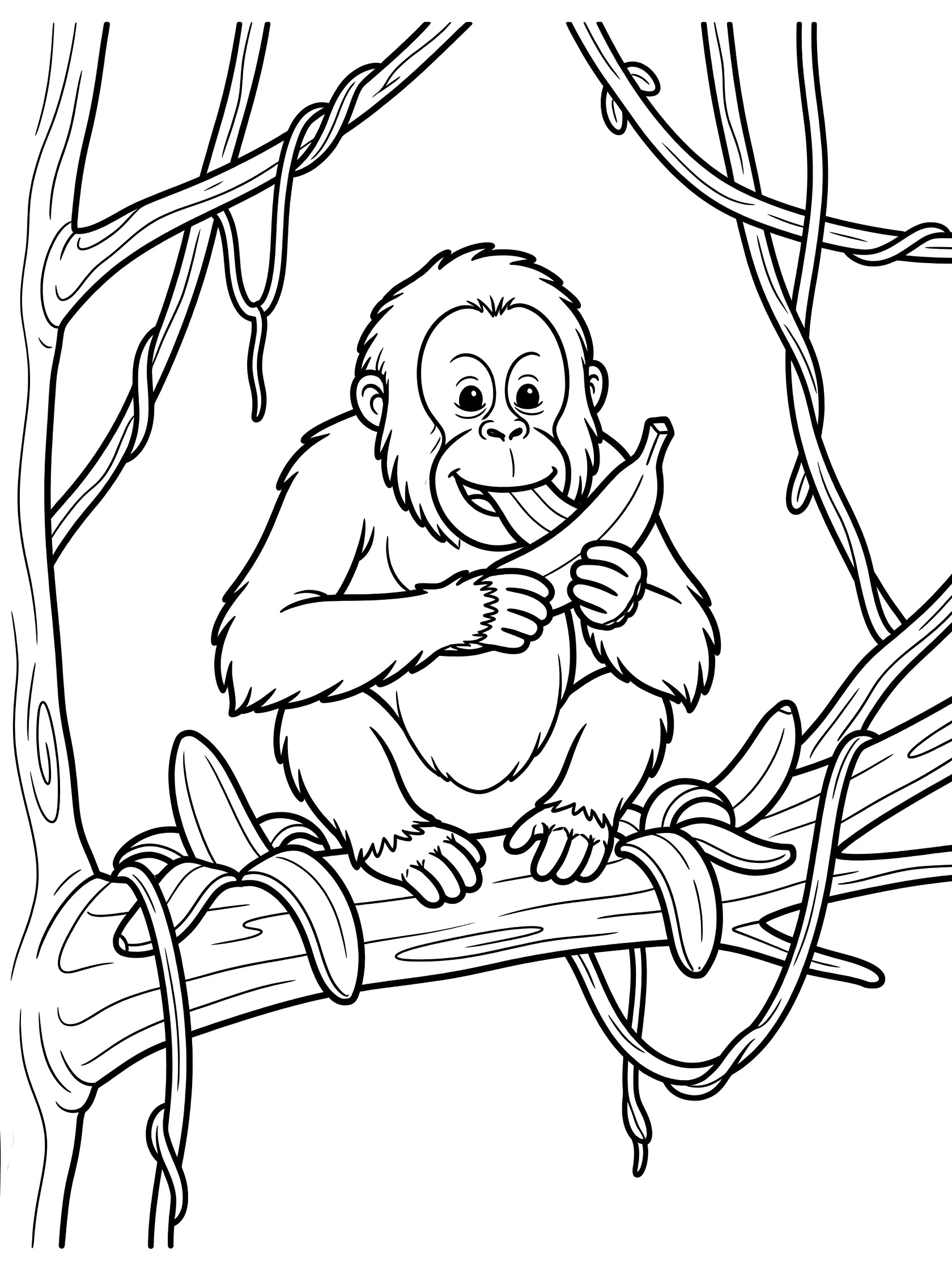 Black and white line art coloring page showing an orangutan with round face and big eyes sitting on a tree branch holding and eating a curved banana, peels below, vines and branches surrounding.