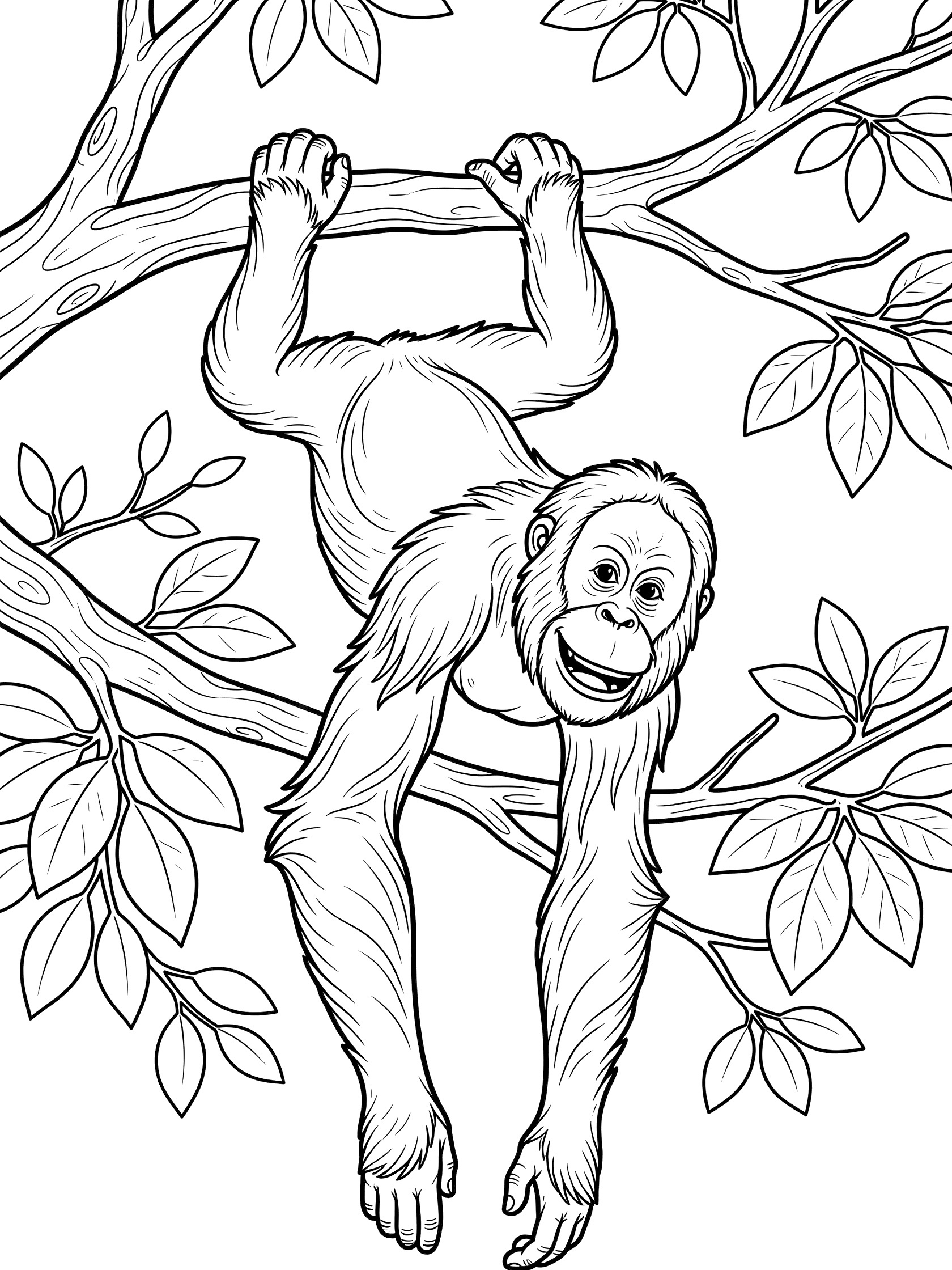 Black and white line art coloring page showing an orangutan grinning while hanging upside down from a thick tree branch surrounded by leaves.