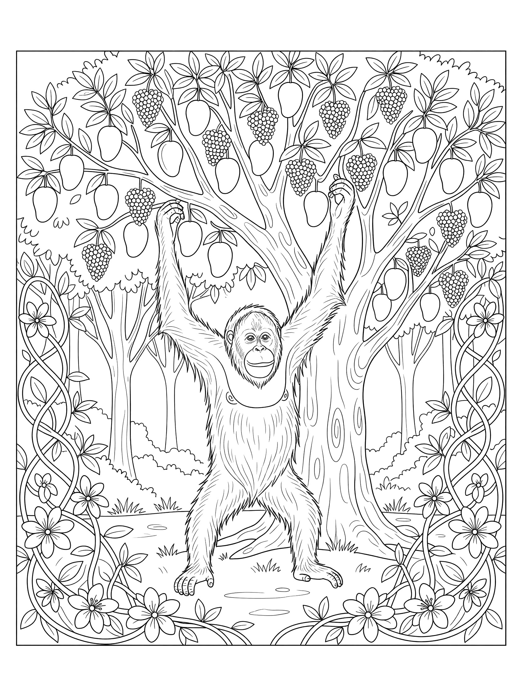 Black and white line art coloring page showing an orangutan reaching up with both arms to grab bunches of fruits hanging from tree branches, surrounded by vines and flowers in a forest scene.