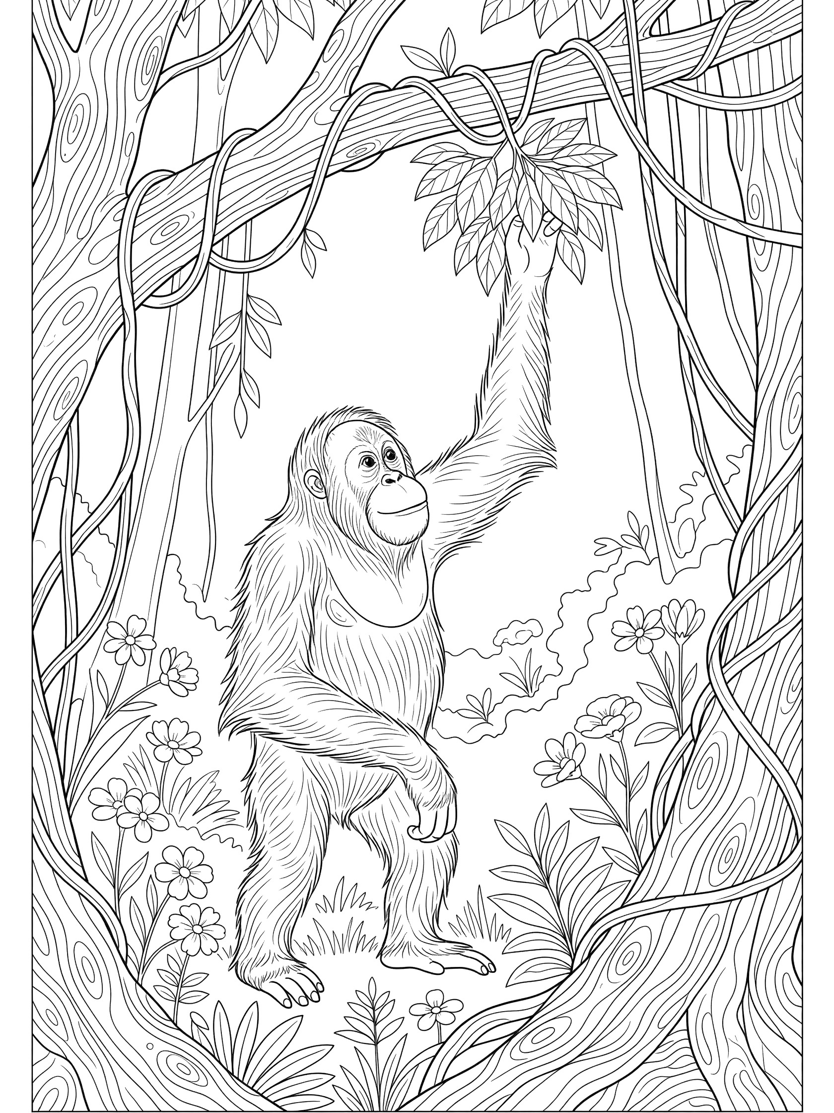 Black and white line art coloring page showing a happy orangutan standing on hind legs, reaching up with one arm for green leaves on a tree branch, surrounded by jungle vines, detailed bark and small flowers.
