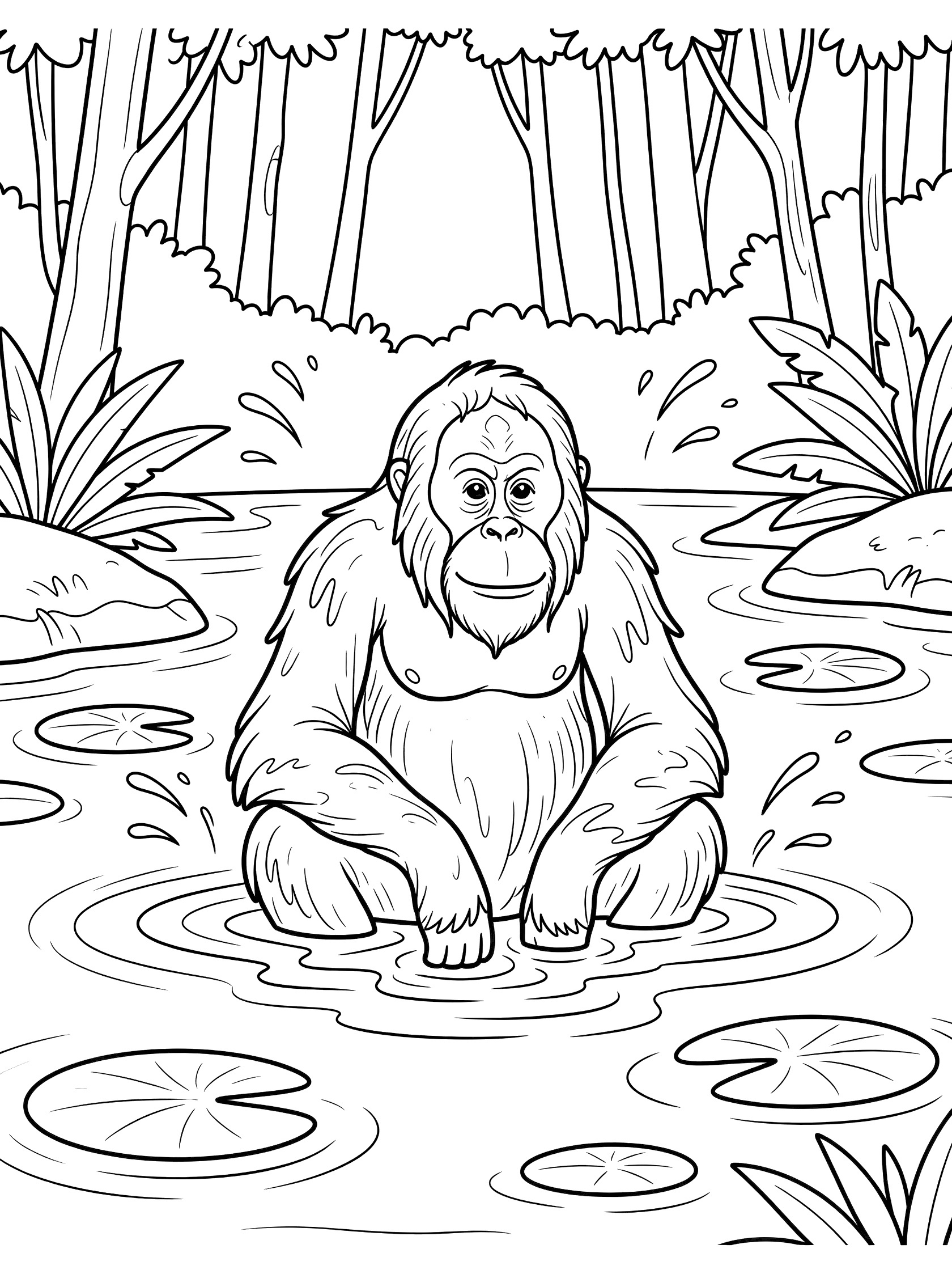 Black and white line art coloring page showing an orangutan sitting in shallow water with ripples, splashes, lily pads, rocks, and jungle plants around.