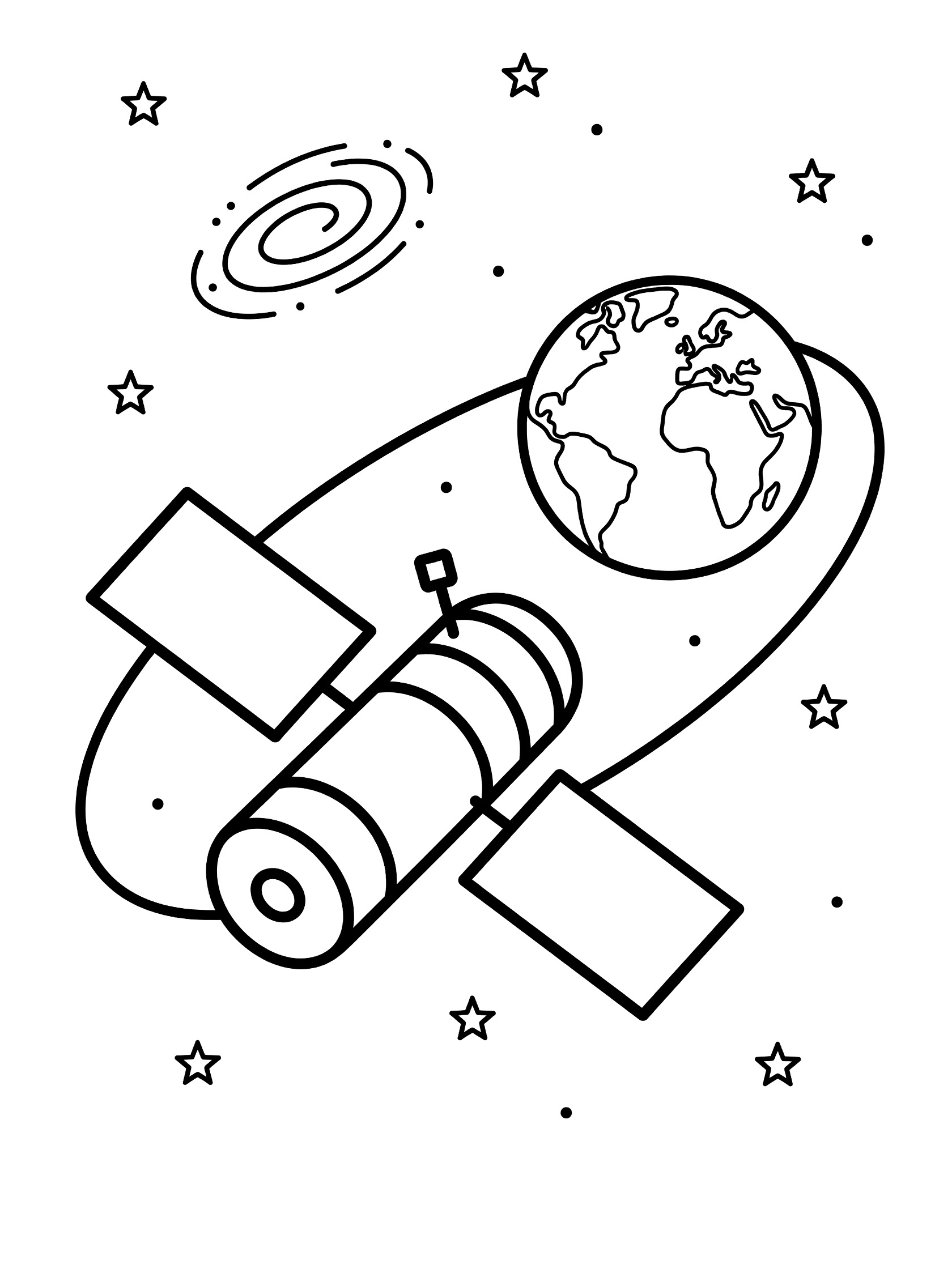 Line art coloring page showing a space telescope with tube body, solar panel wings, and antennas floating on an orbit path around Earth, with stars and swirling galaxy in space.