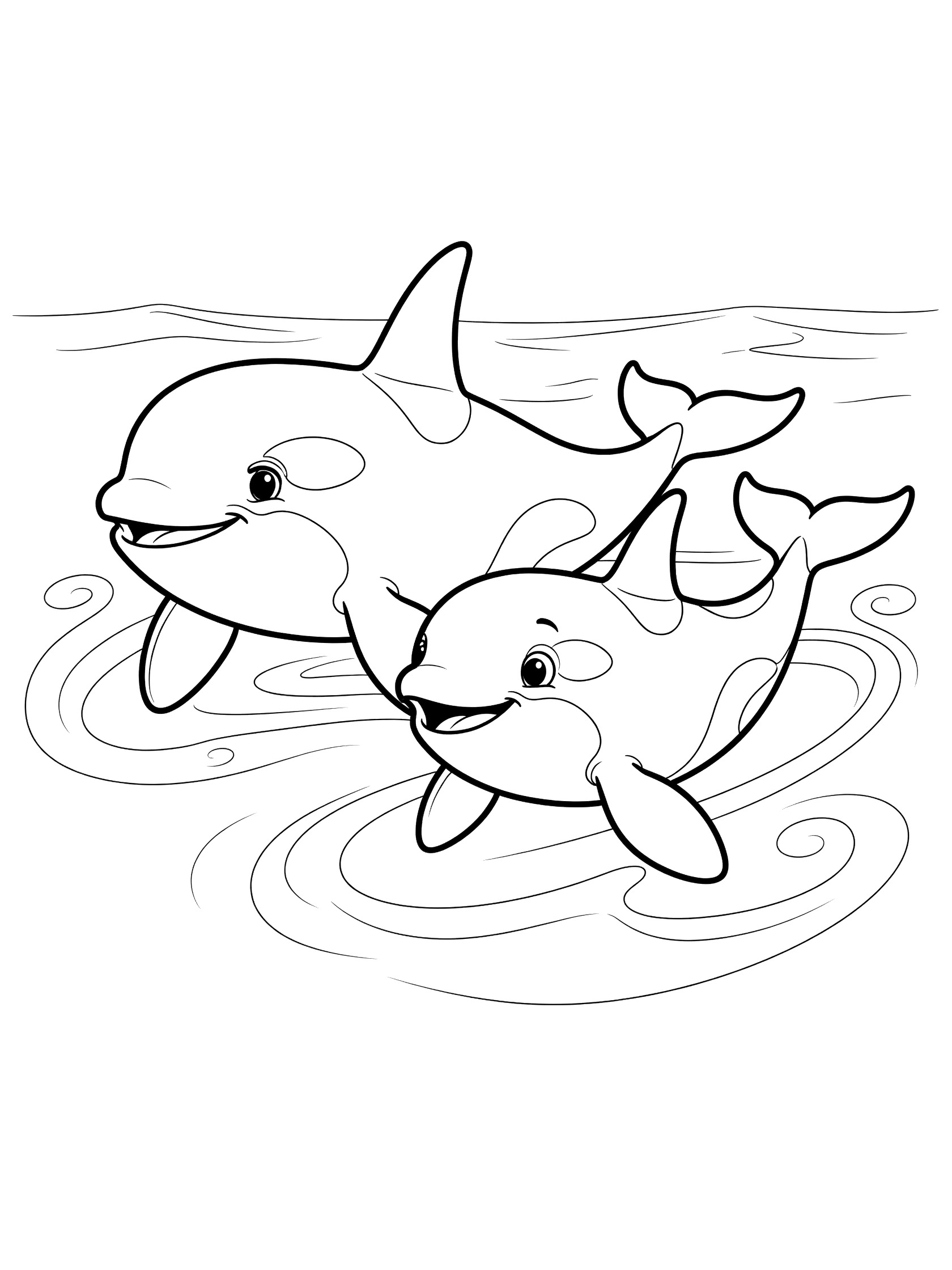 Black and white line art coloring page showing a large orca mother swimming with her smaller baby orca, both facing right with happy faces, surrounded by wavy ocean current lines.