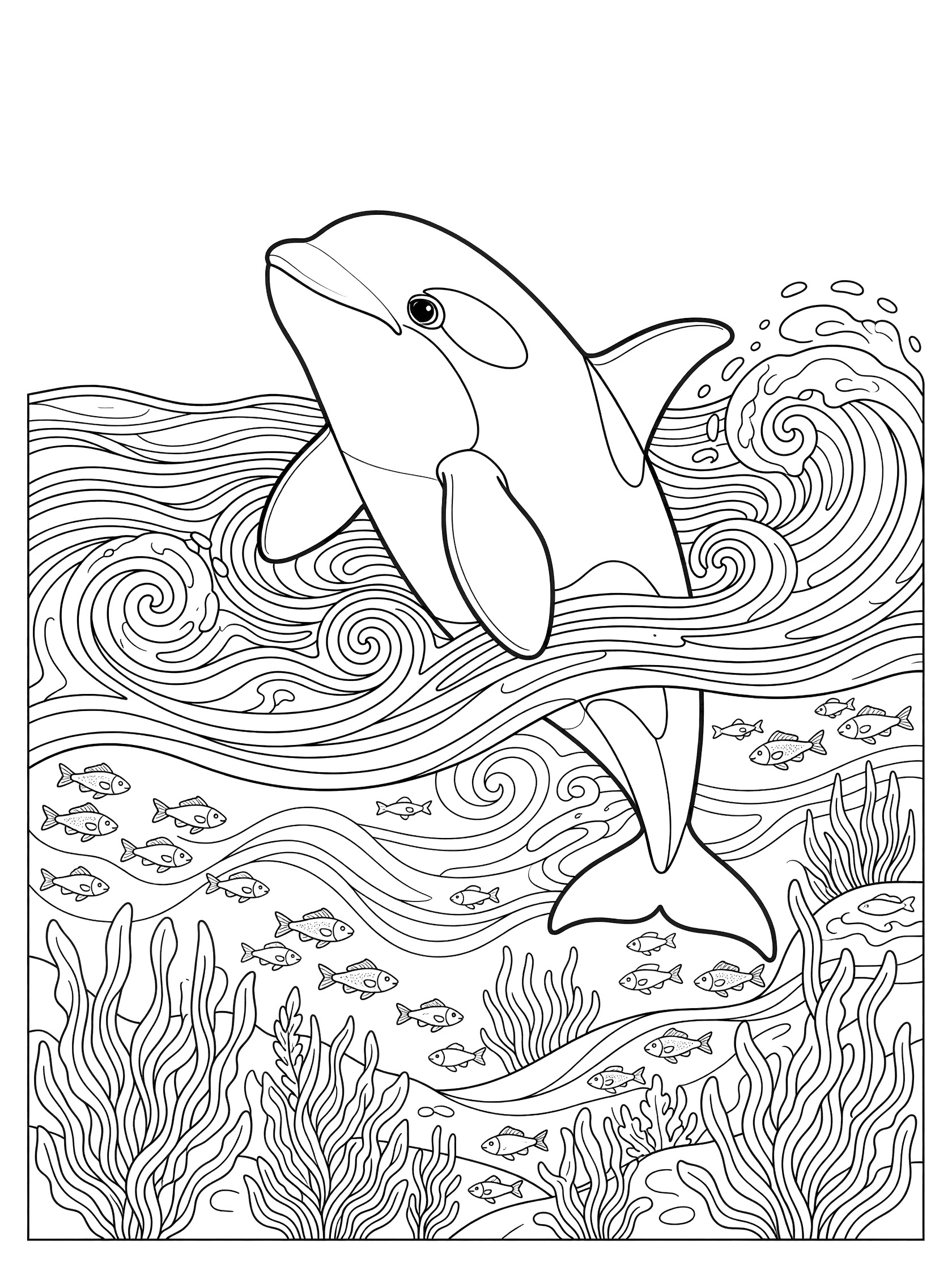 Black and white line art coloring page showing an orca whale jumping vertically with head and body out of swirling water waves, small fish swimming, and seaweed at the bottom.