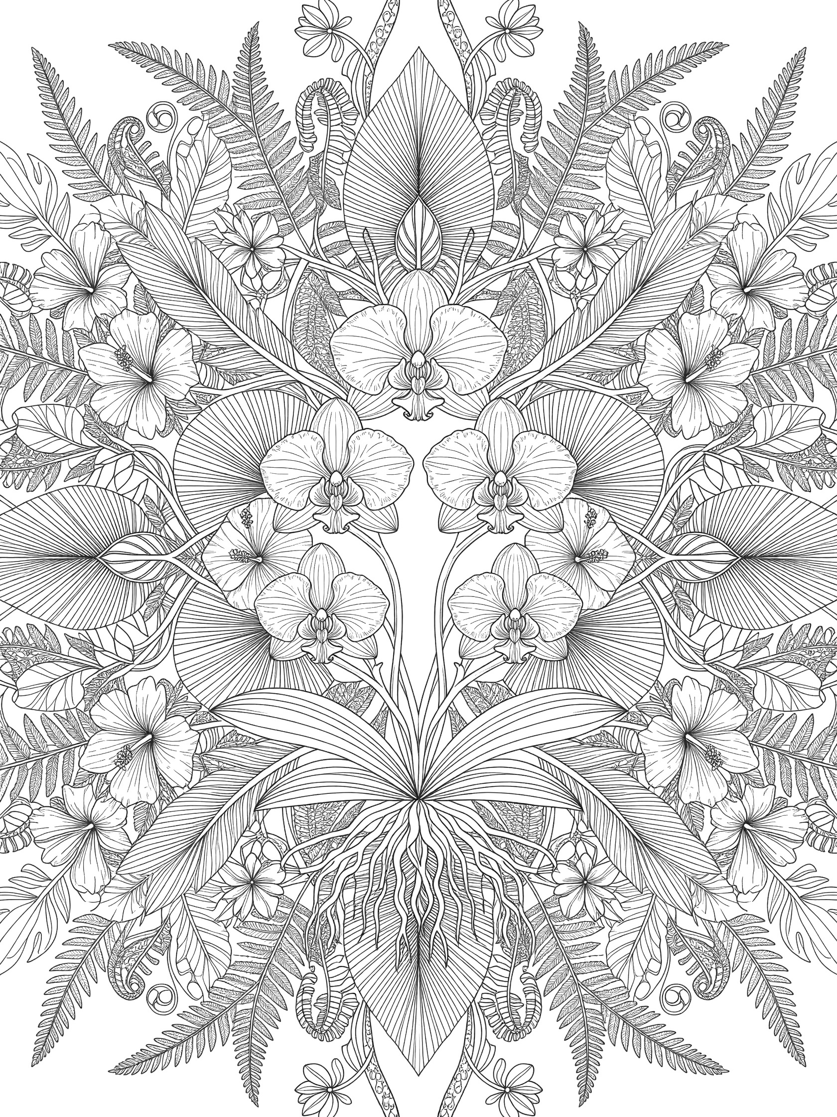 Detailed black-and-white line art of a symmetrical Orchid Mandala featuring central orchids, broad palm leaves, curling ferns, hibiscus blooms, and tropical vines.