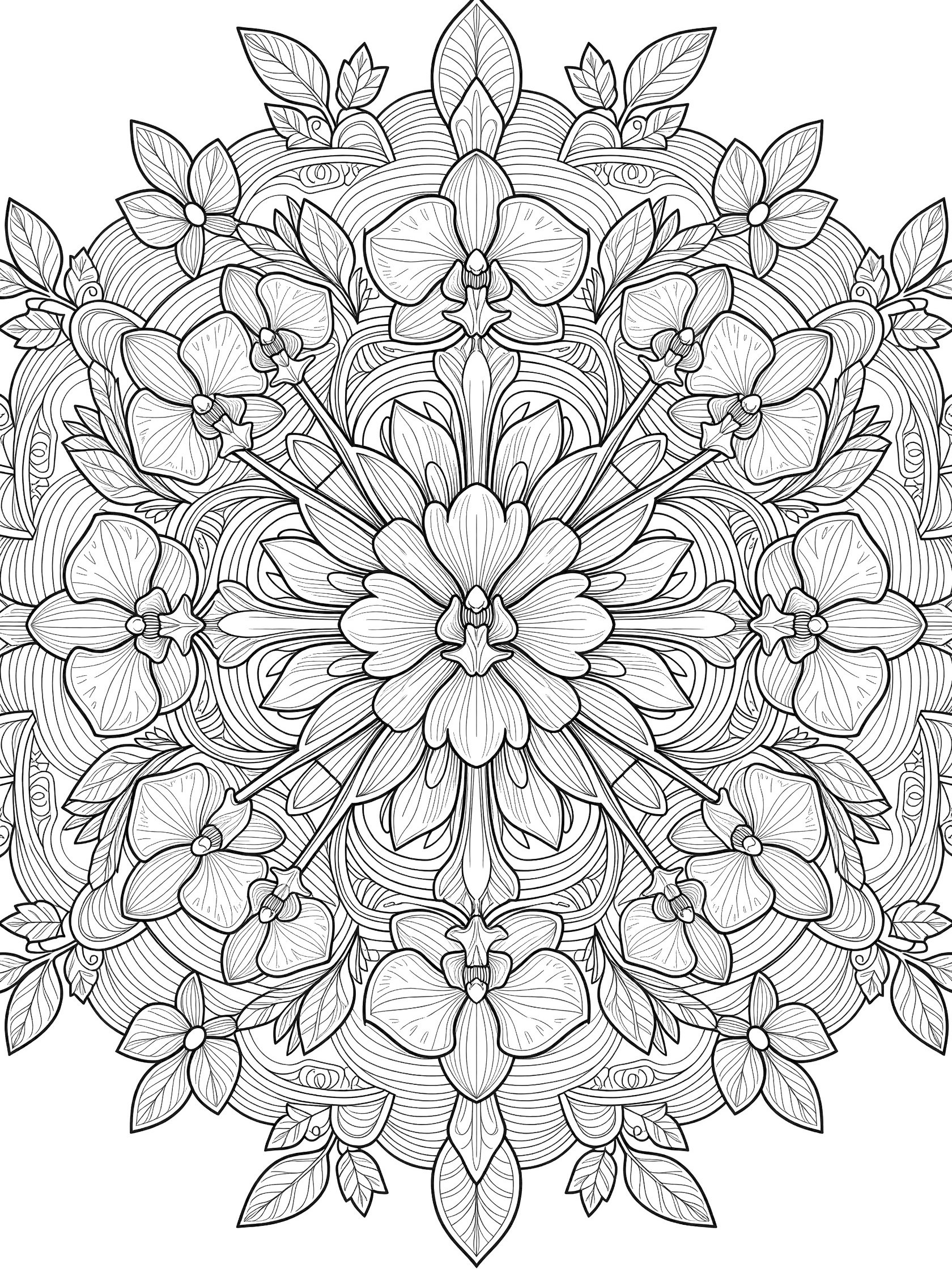 Symmetrical black and white line art of an Orchid Mandala featuring a central bloom with radiating orchid petals, stems, and leafy accents in circular patterns.