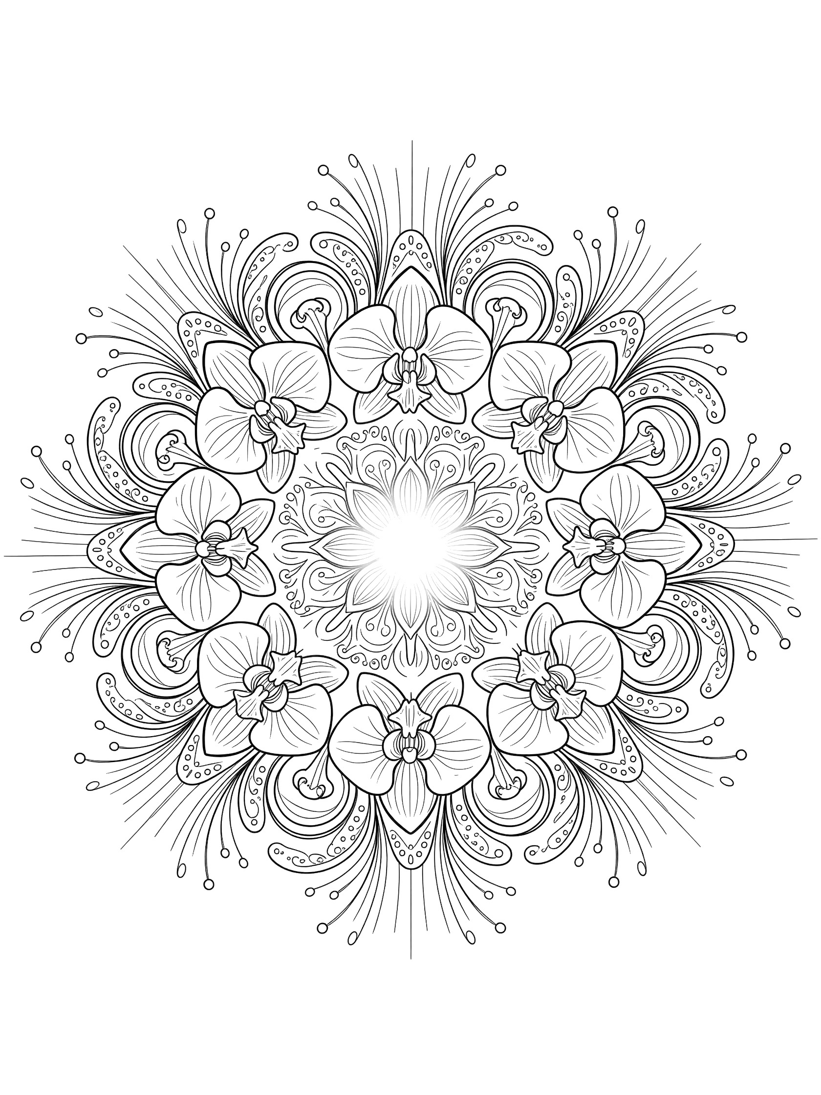 Black and white line art of a radiant Orchid Mandala with blooming orchid flowers, playful petals, vines, and leaves in a symmetrical design.