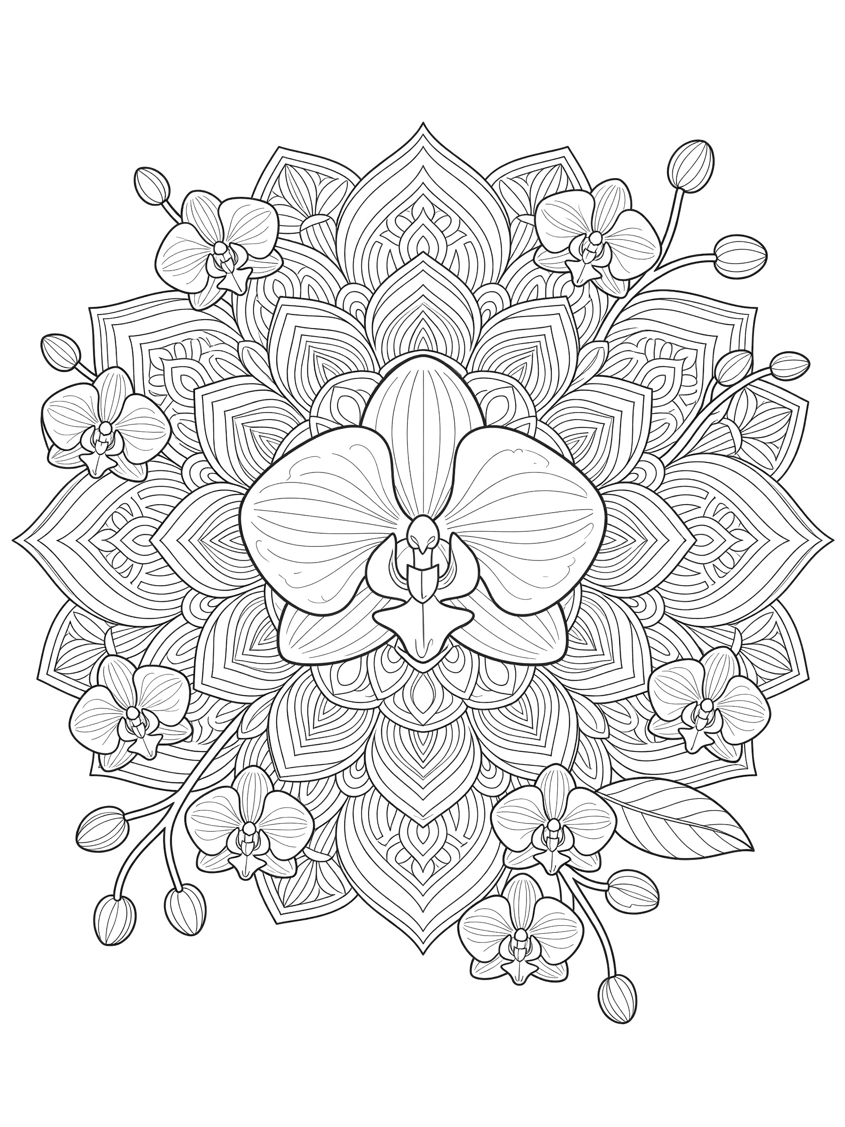 Black and white line art of a detailed orchid flower in a mandala design with layered petals, stems, leaves, and intricate symmetric patterns.