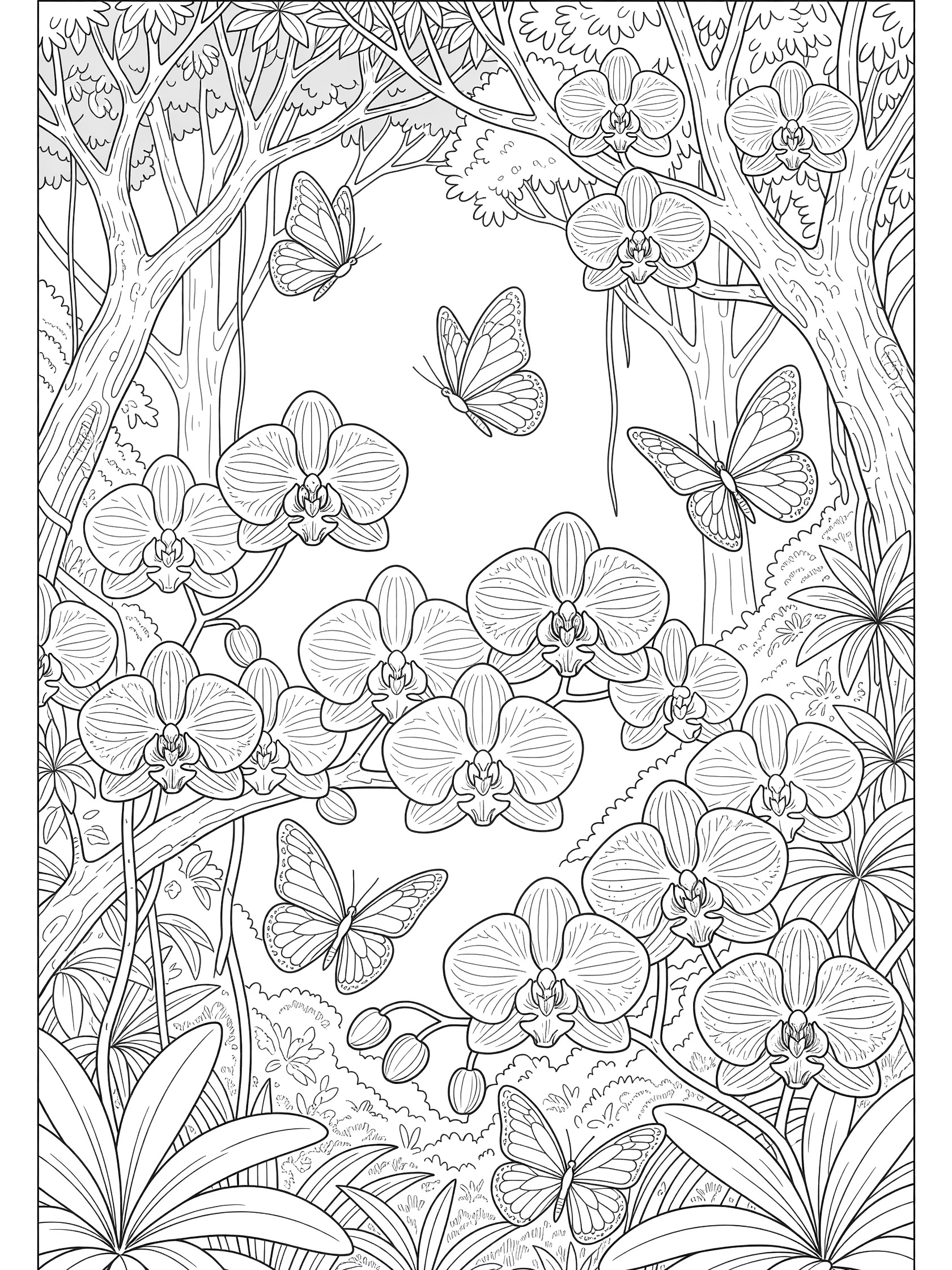 Black and white line art coloring page showing orchids on jungle trees surrounded by butterflies. Amazon themed black and white printable line art