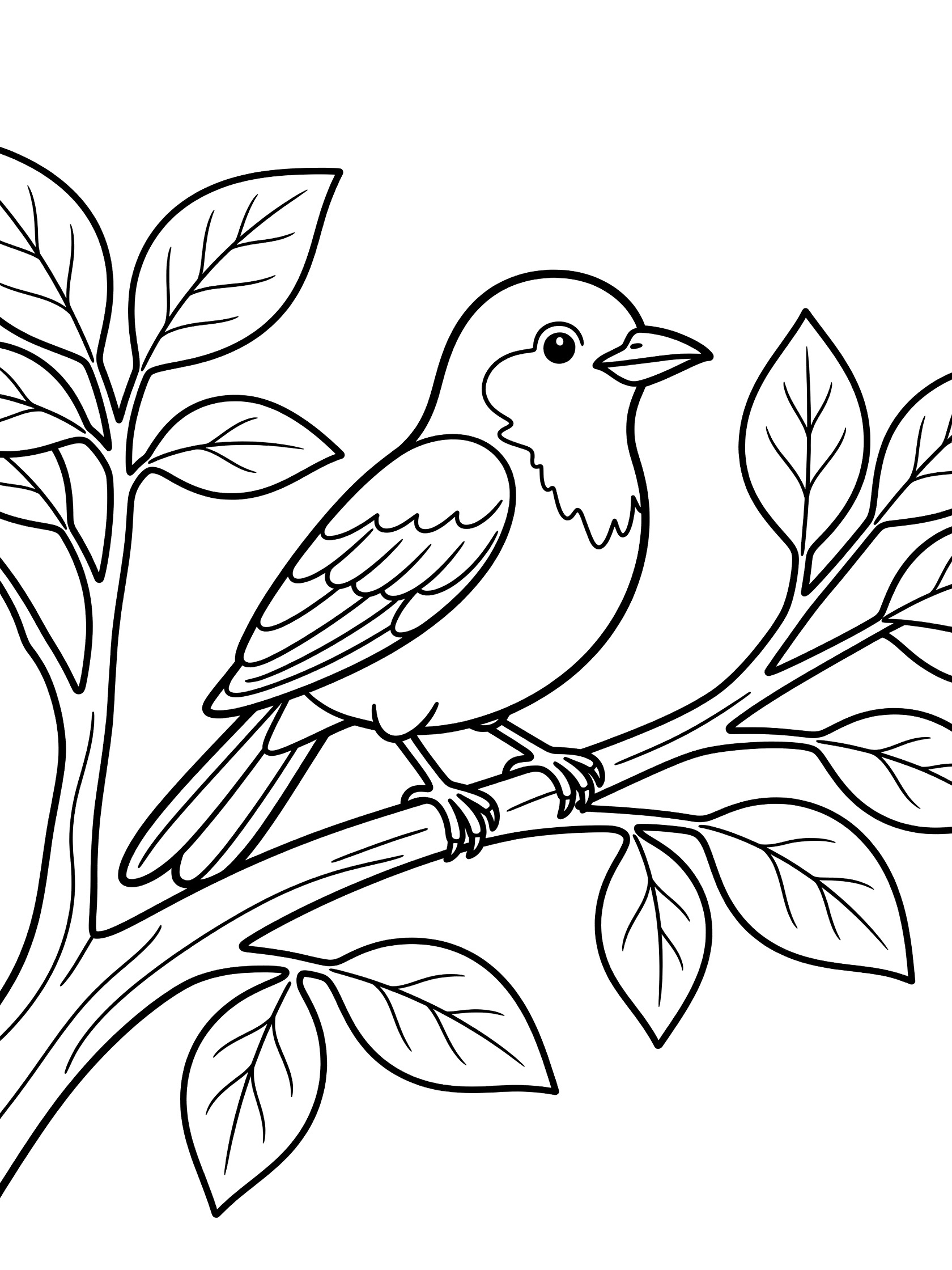 Cute oriole bird coloring page with the bird sitting on a branch surrounded by leaves, clean line art for easy coloring